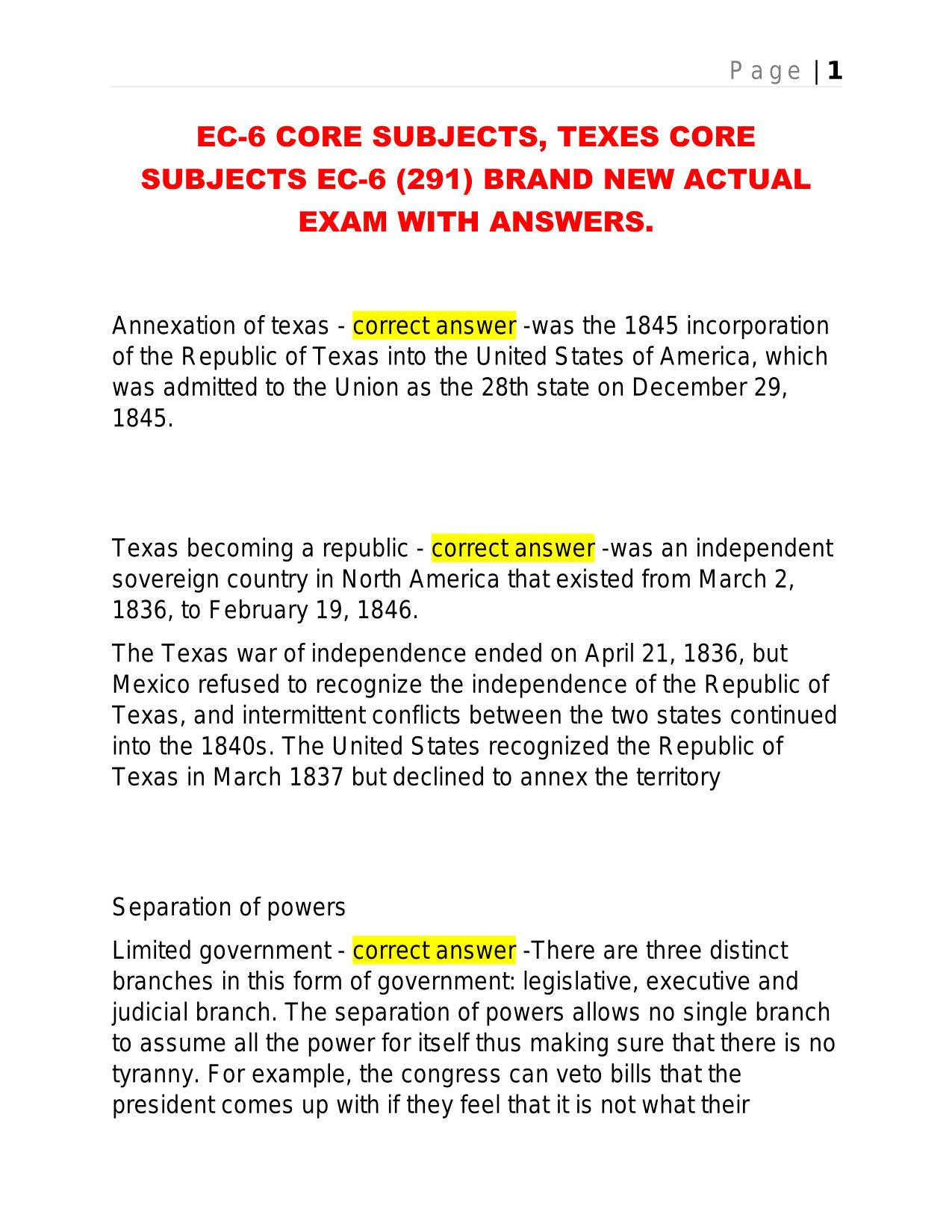 EC-6 CORE SUBJECTS, TEXES CORE SUBJECTS EC-6 (291) BRAND NEW ACTUAL EXAM WITH ANSWERS.