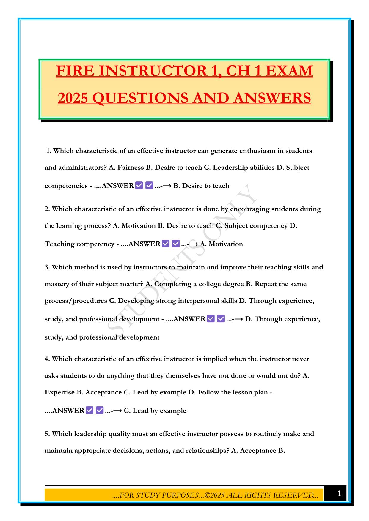 FIRE INSTRUCTOR 1, CH 1 EXAM 2025 QUESTIONS AND ANSWERS