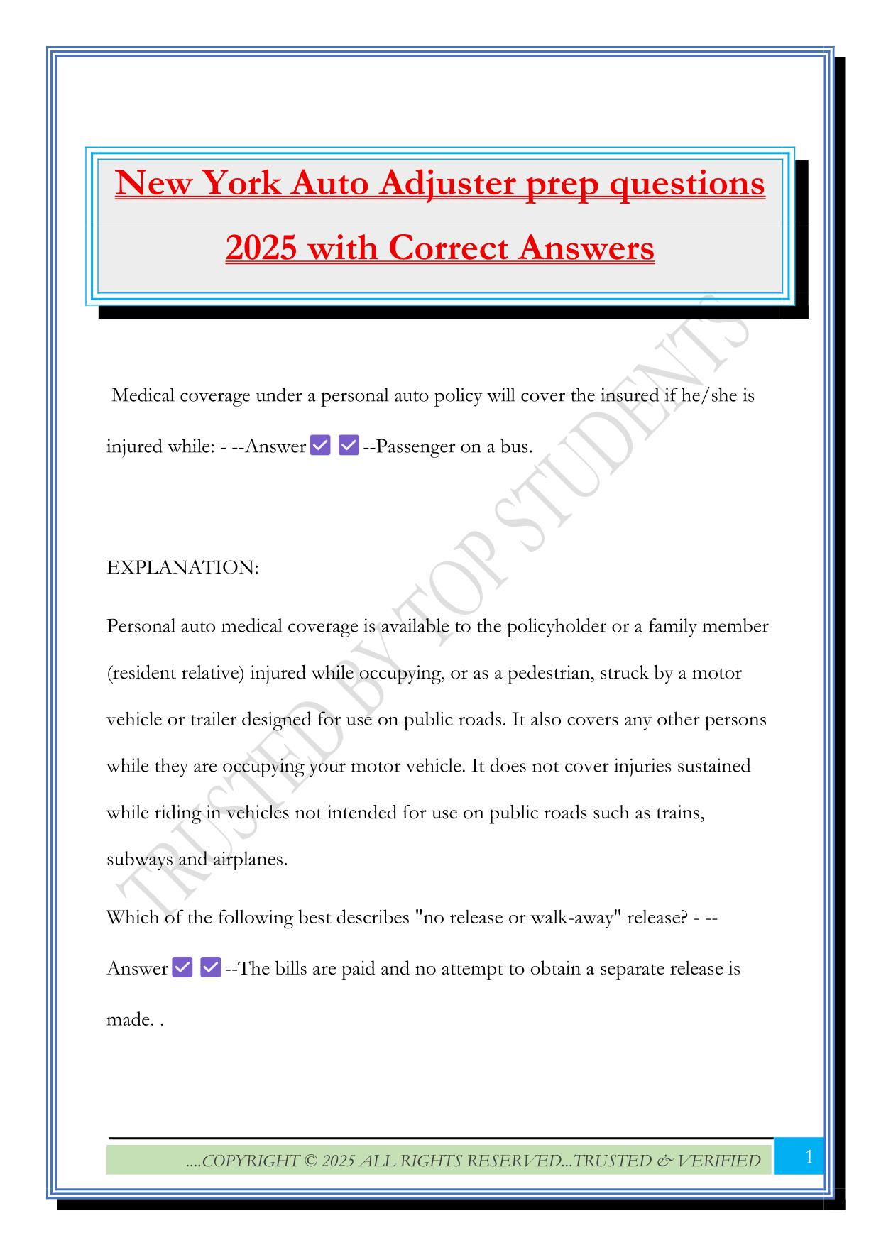 New York Auto Adjuster prep questions 2025 with Correct Answers