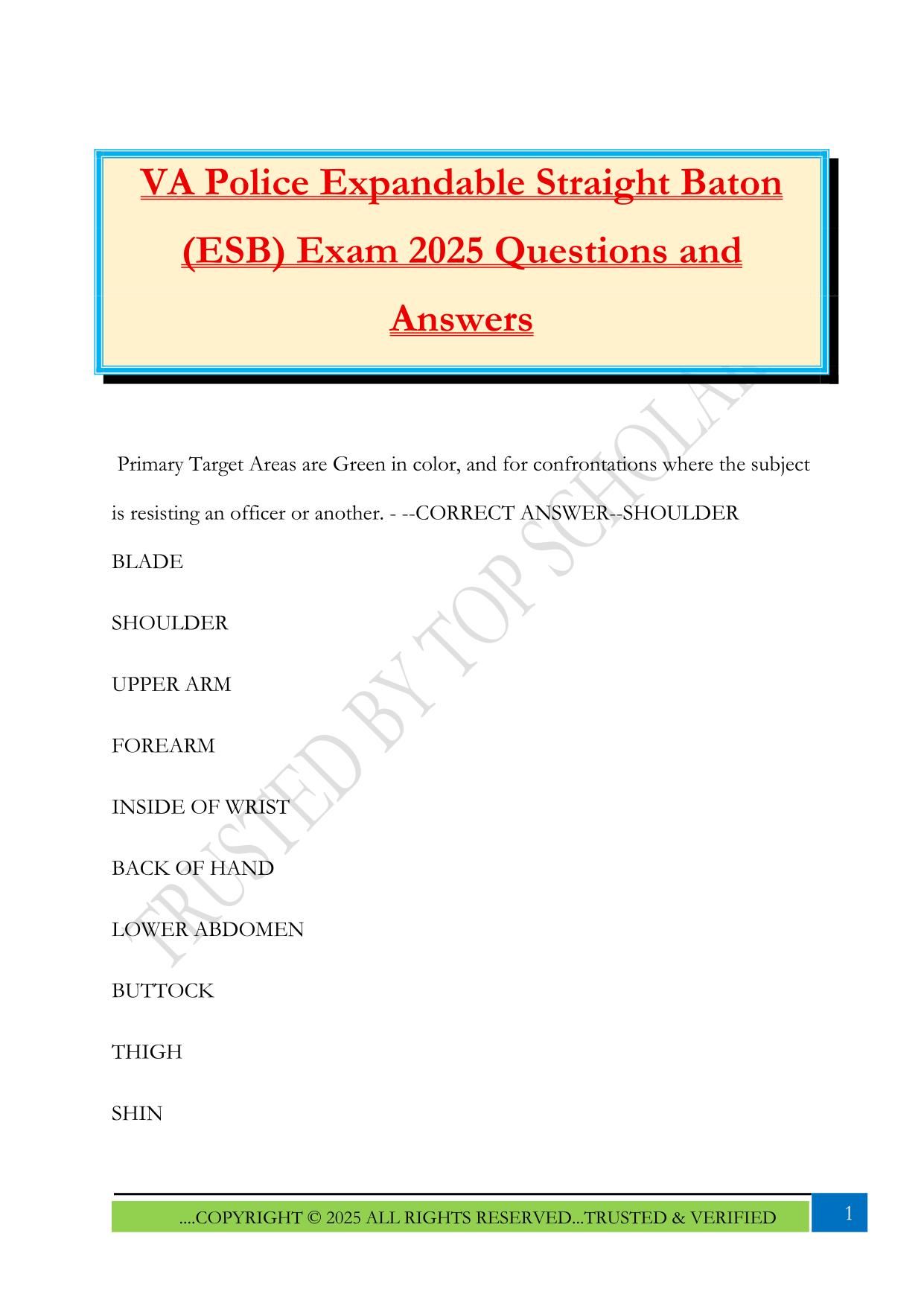 VA Police Expandable Straight Baton (ESB) Exam 2025 Questions and Answers
