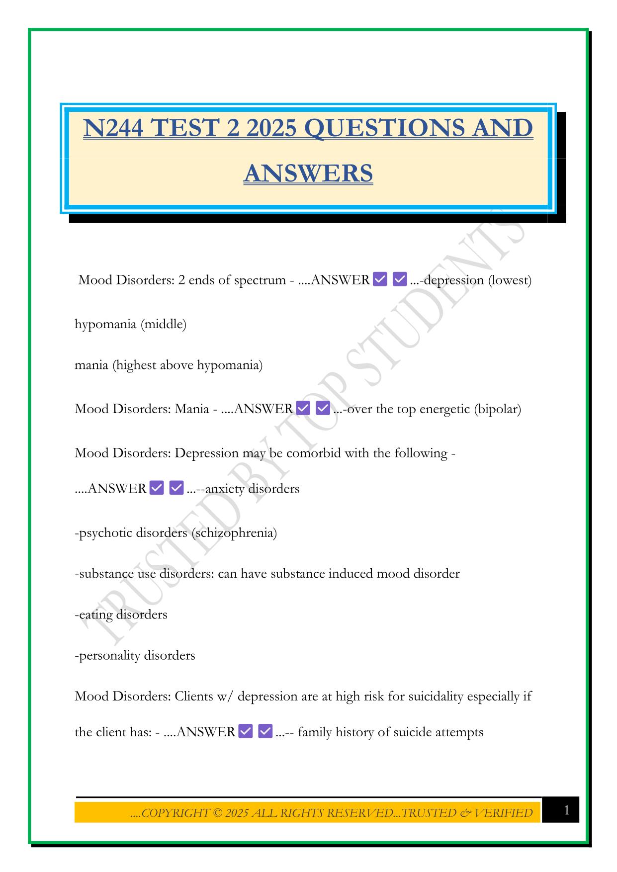 N244 TEST 2 2025 QUESTIONS AND ANSWERS