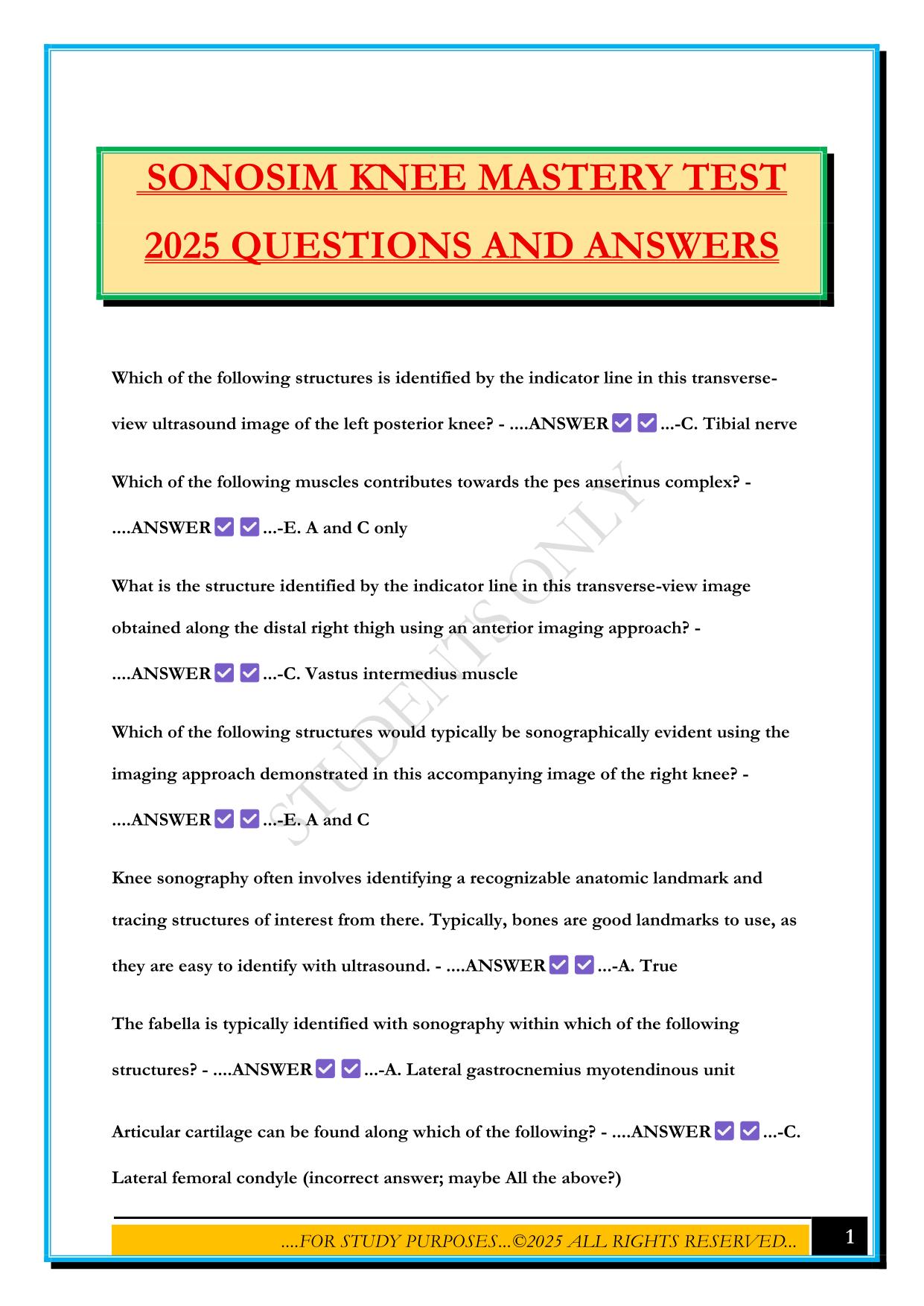 SONOSIM KNEE MASTERY TEST 2025 QUESTIONS AND ANSWERS