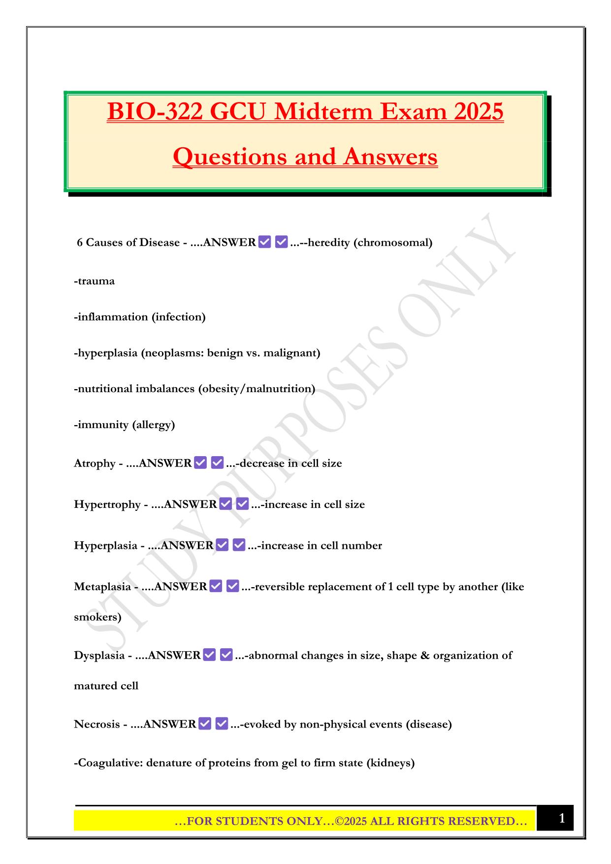 BIO-322 GCU Midterm Exam 2025 Questions and Answers