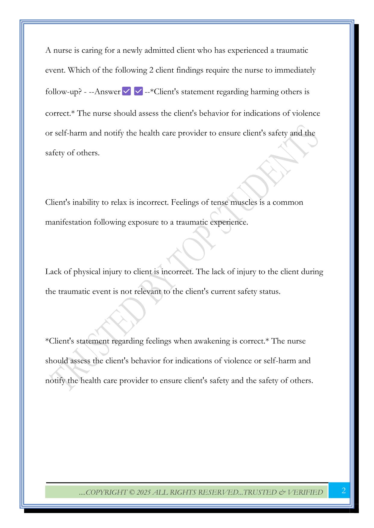 Trauma, Crisis, Disaster, and Related Disorder Assessment Exam 2025 Questions and Answers