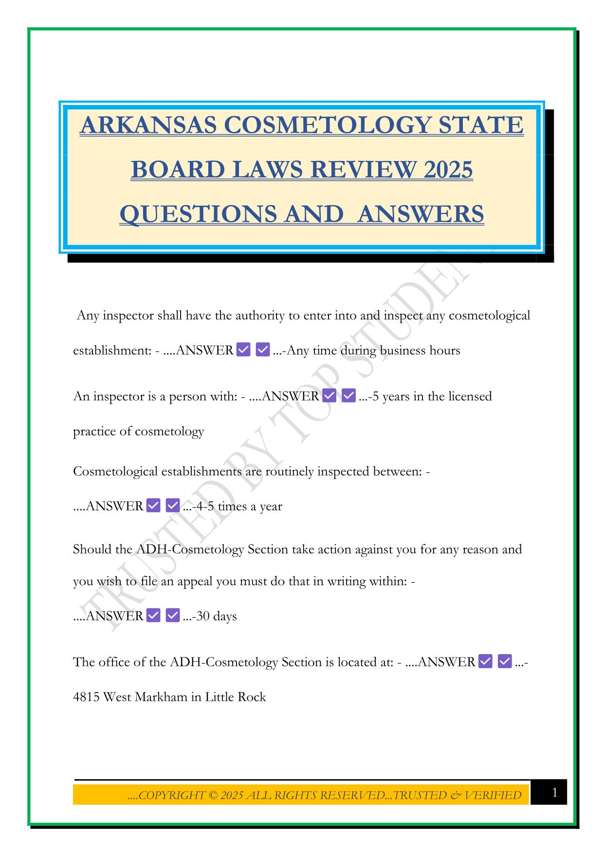 ARKANSAS COSMETOLOGY STATE BOARD LAWS REVIEW 2025 QUESTIONS AND ANSWERS