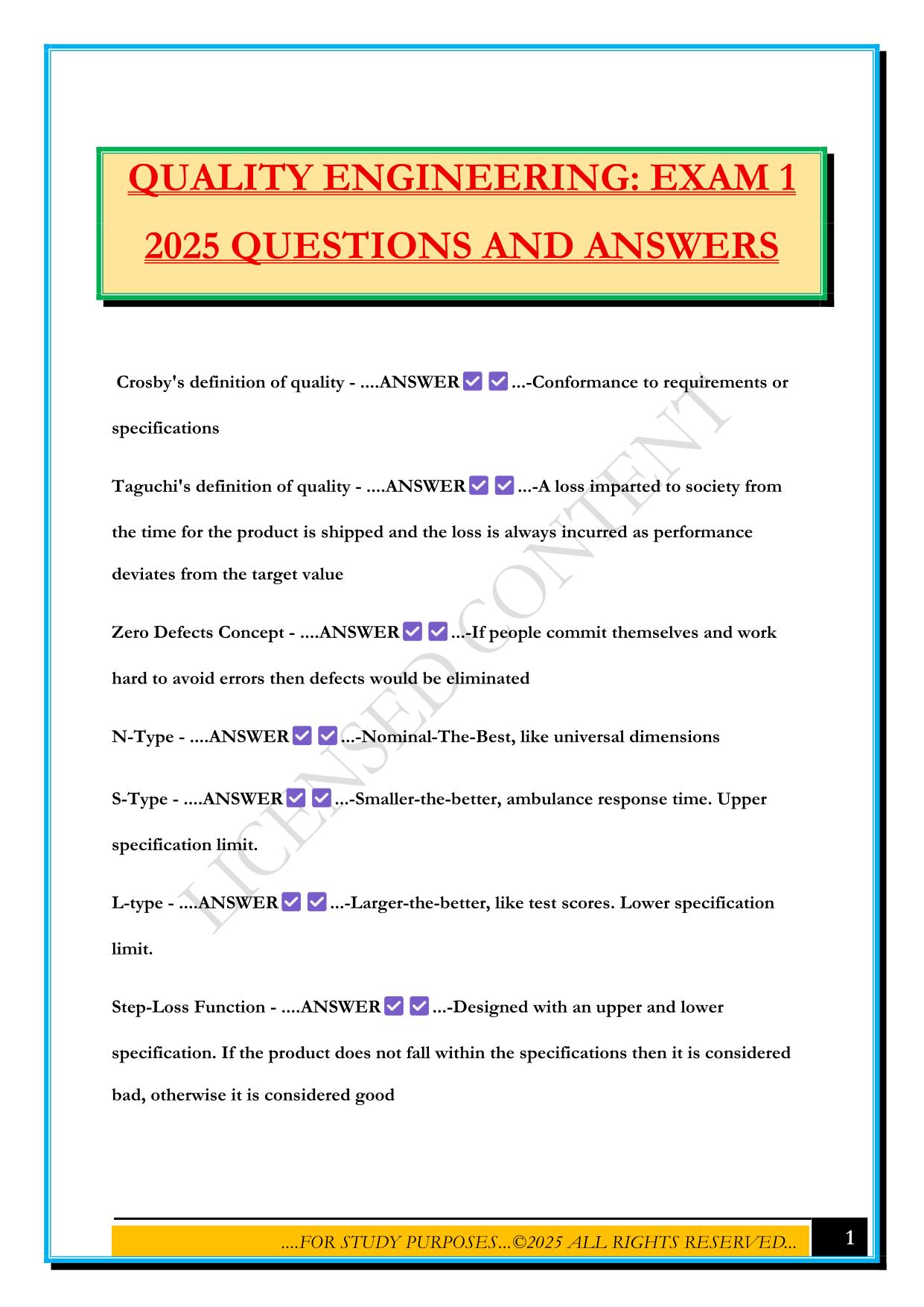 QUALITY ENGINEERING: EXAM 1 2025 QUESTIONS AND ANSWERS