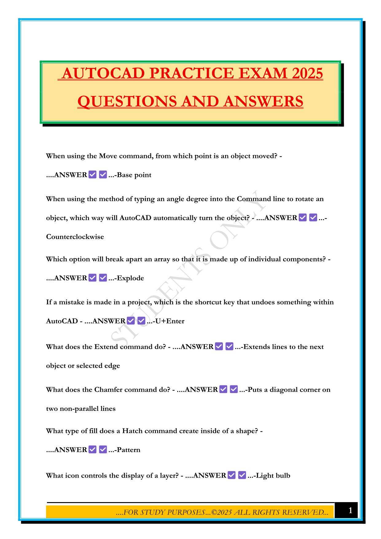 AUTOCAD PRACTICE EXAM 2025 QUESTIONS AND ANSWERS