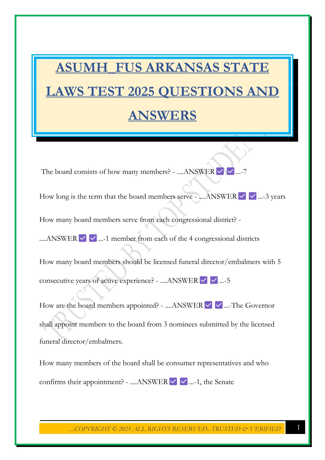 ASUMH_FUS ARKANSAS STATE LAWS TEST 2025 QUESTIONS AND ANSWERS
