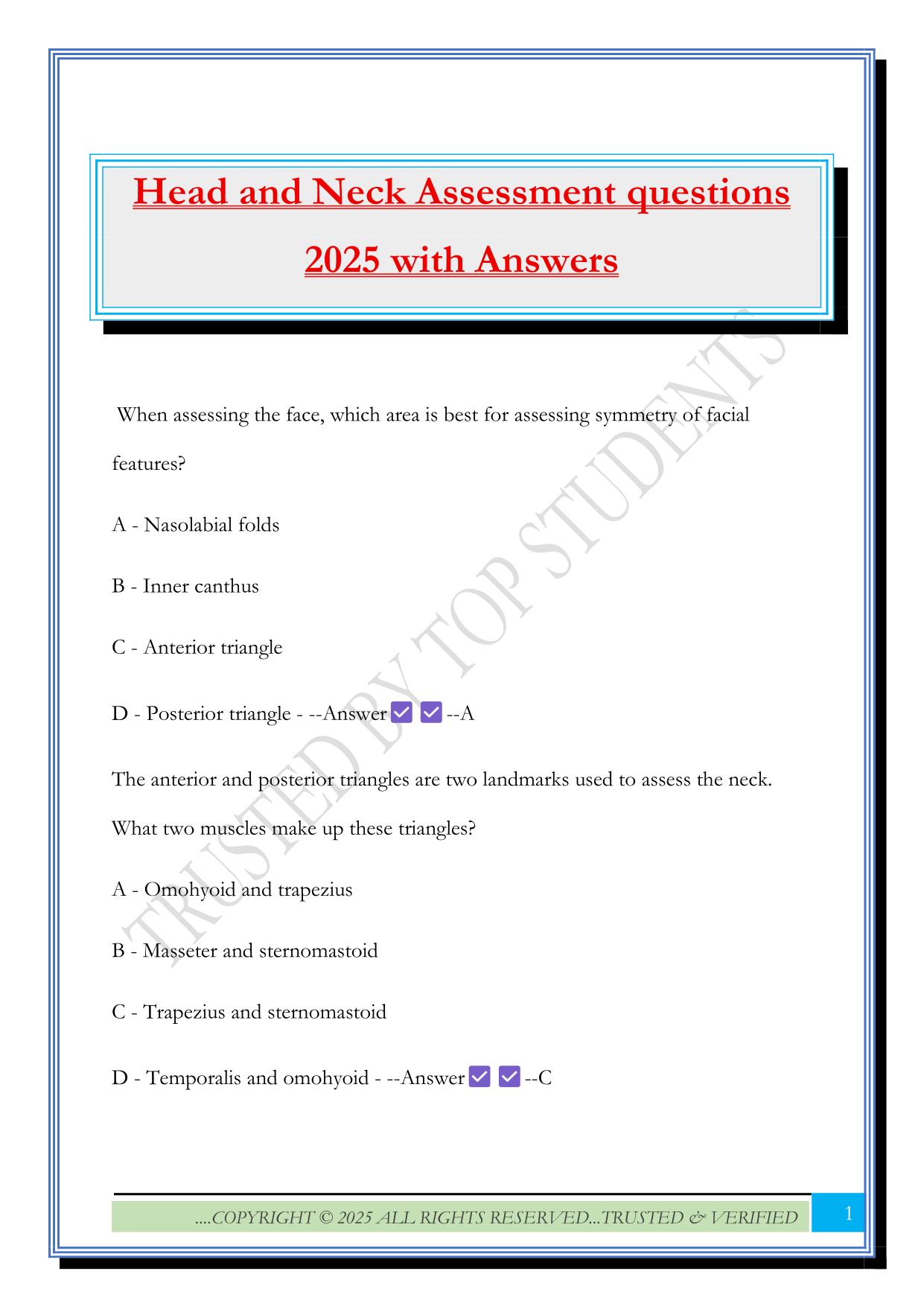 Head and Neck Assessment questions 2025 with Answers