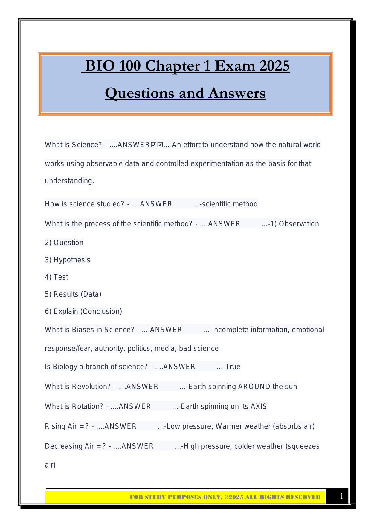 BIO 100 Chapter 1 Exam 2025 Questions and Answers