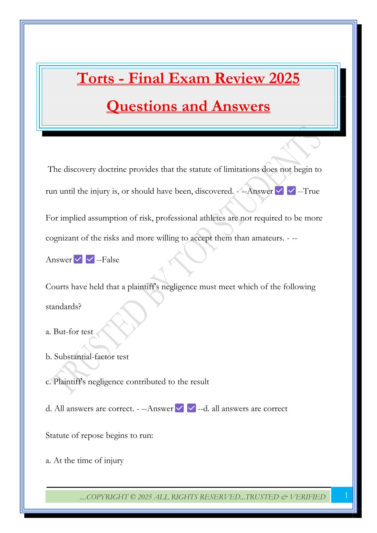 Torts - Final Exam Review 2025 Questions and Answers