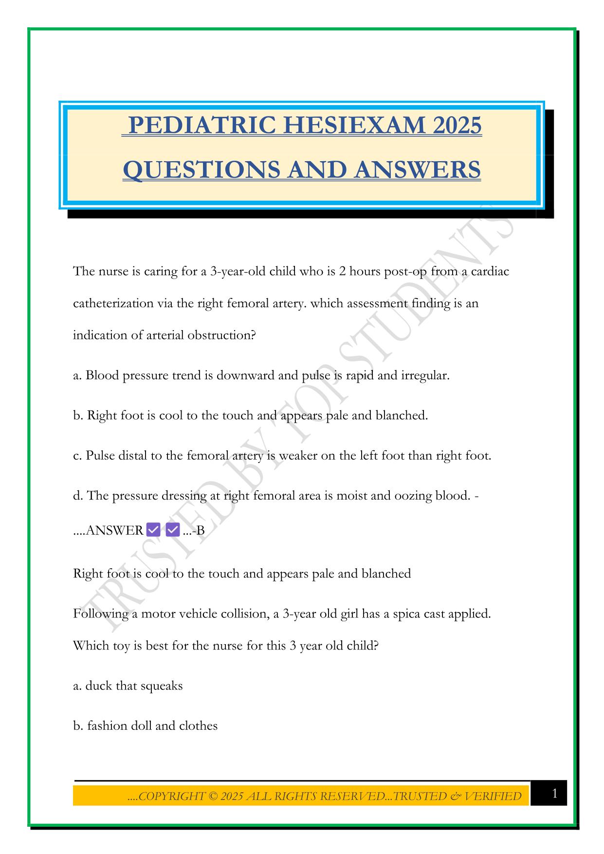 PEDIATRIC HESIEXAM 2025 QUESTIONS AND ANSWERS