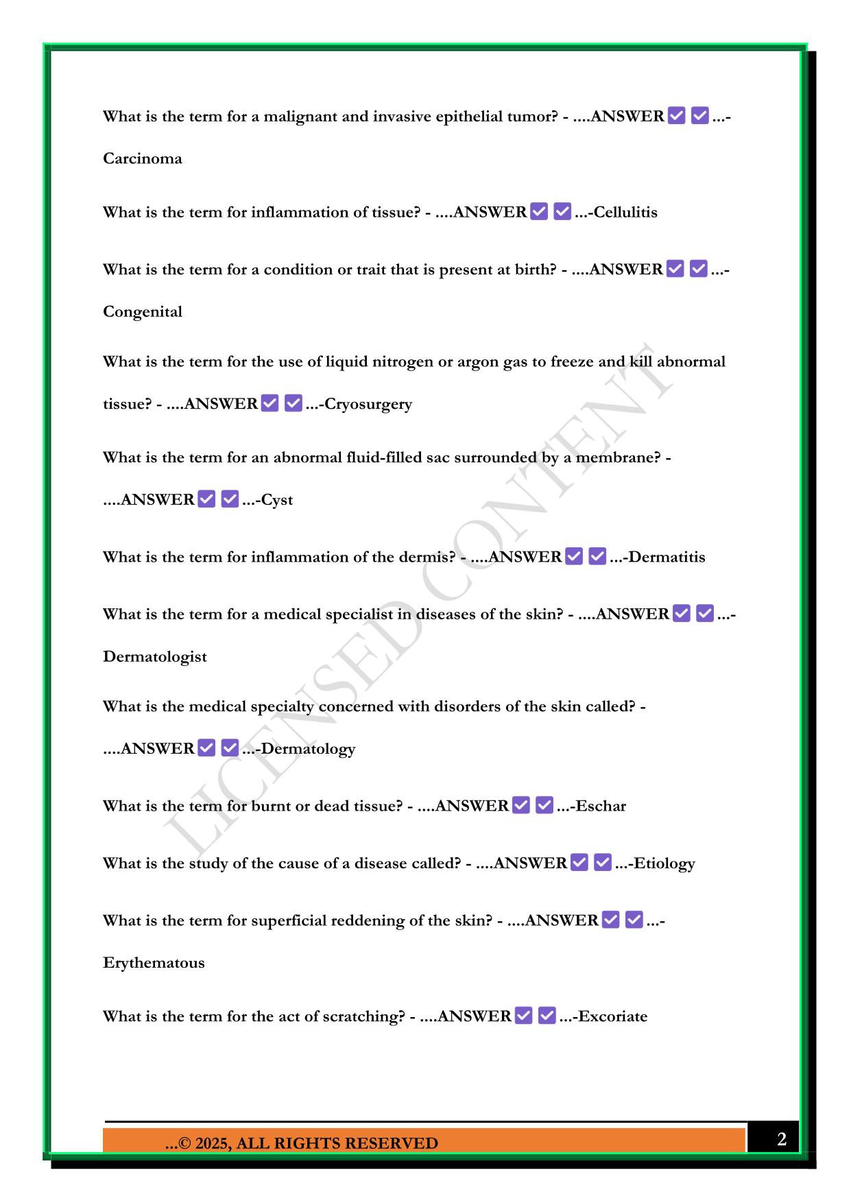 DERMATOLOGY - PRACTICE TEST 2025 QUESTIONS AND ANSWERS