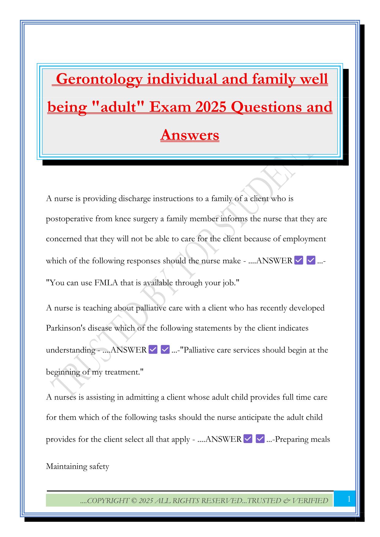 Gerontology individual and family well being "adult" Exam 2025 Questions and Answers