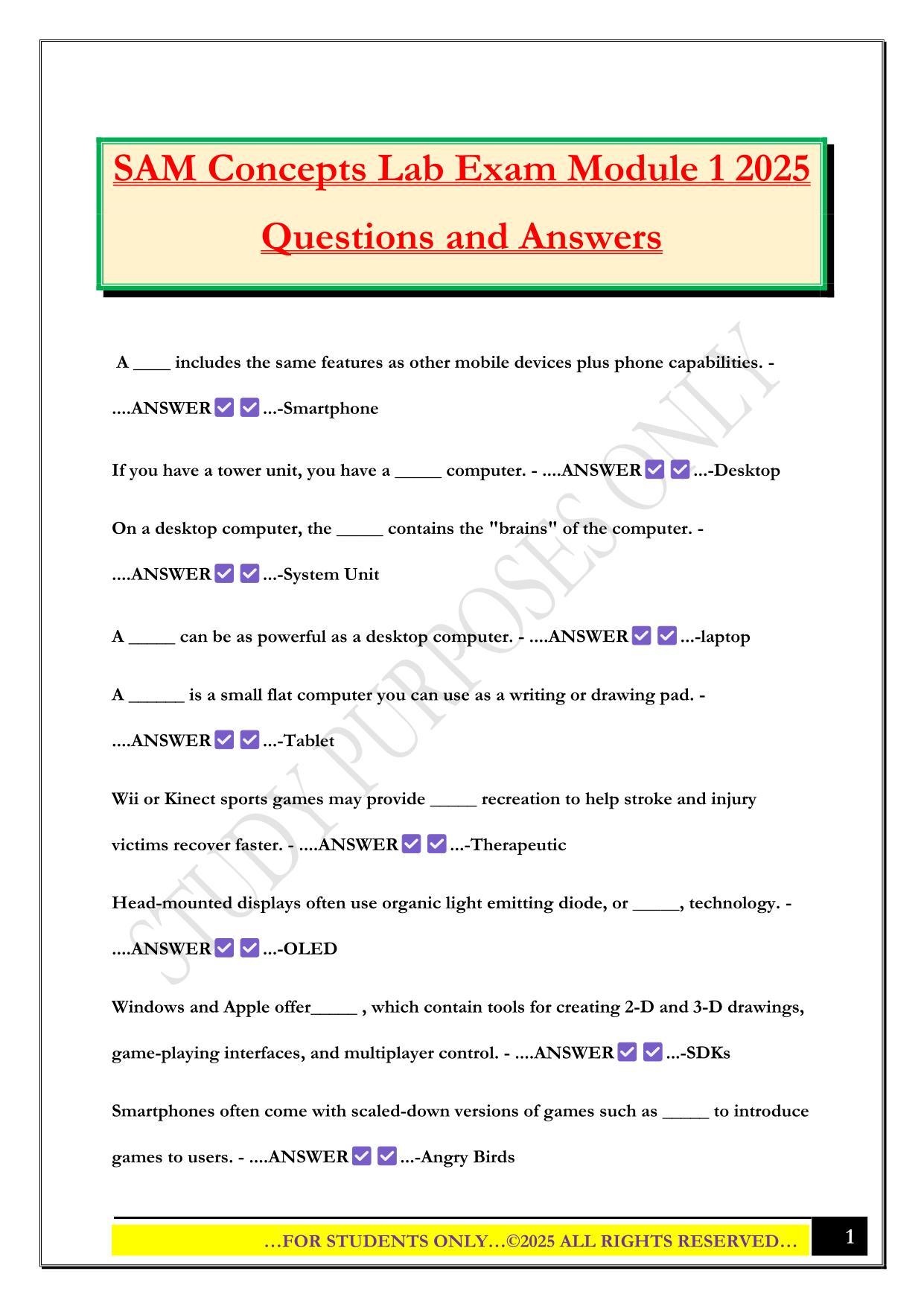 SAM Concepts Lab Exam Module 1 2025 Questions and Answers