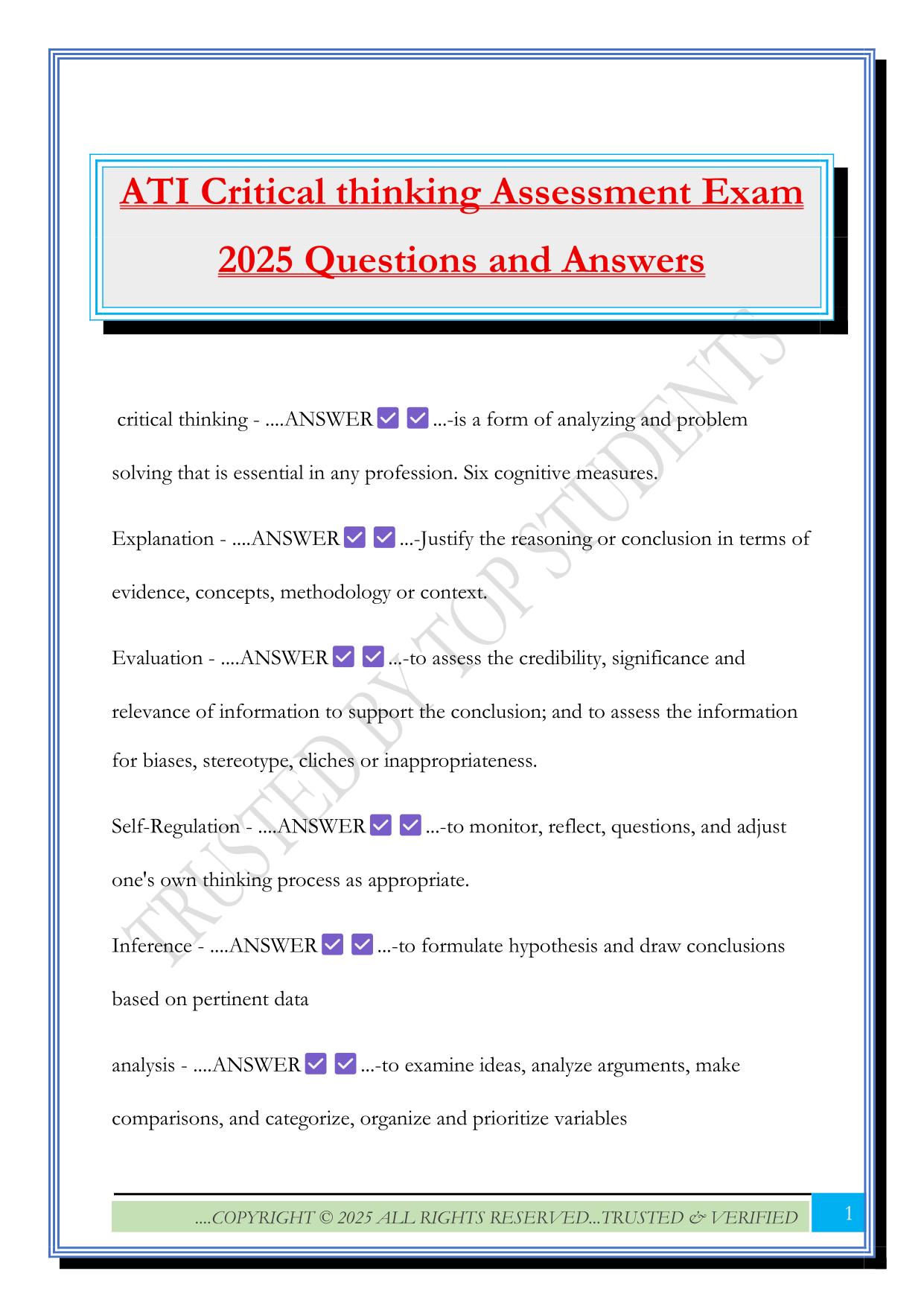 ATI Critical thinking Fall 2025 Bundled Exams Questions and Answers |100% Pass |Verified and Updated