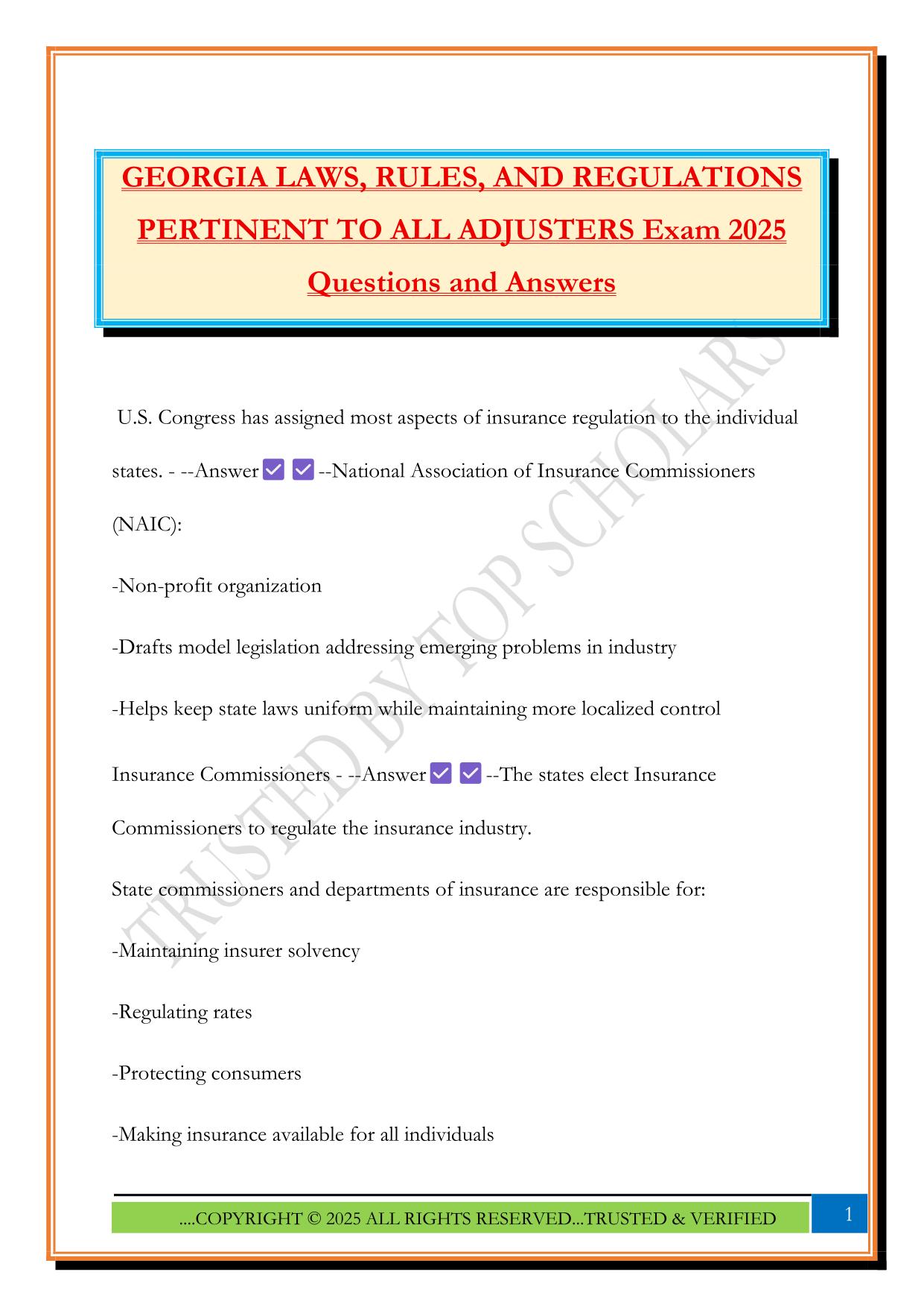 GEORGIA LAWS, RULES, AND REGULATIONS PERTINENT TO ALL ADJUSTERS Exam 2025 Questions and Answers