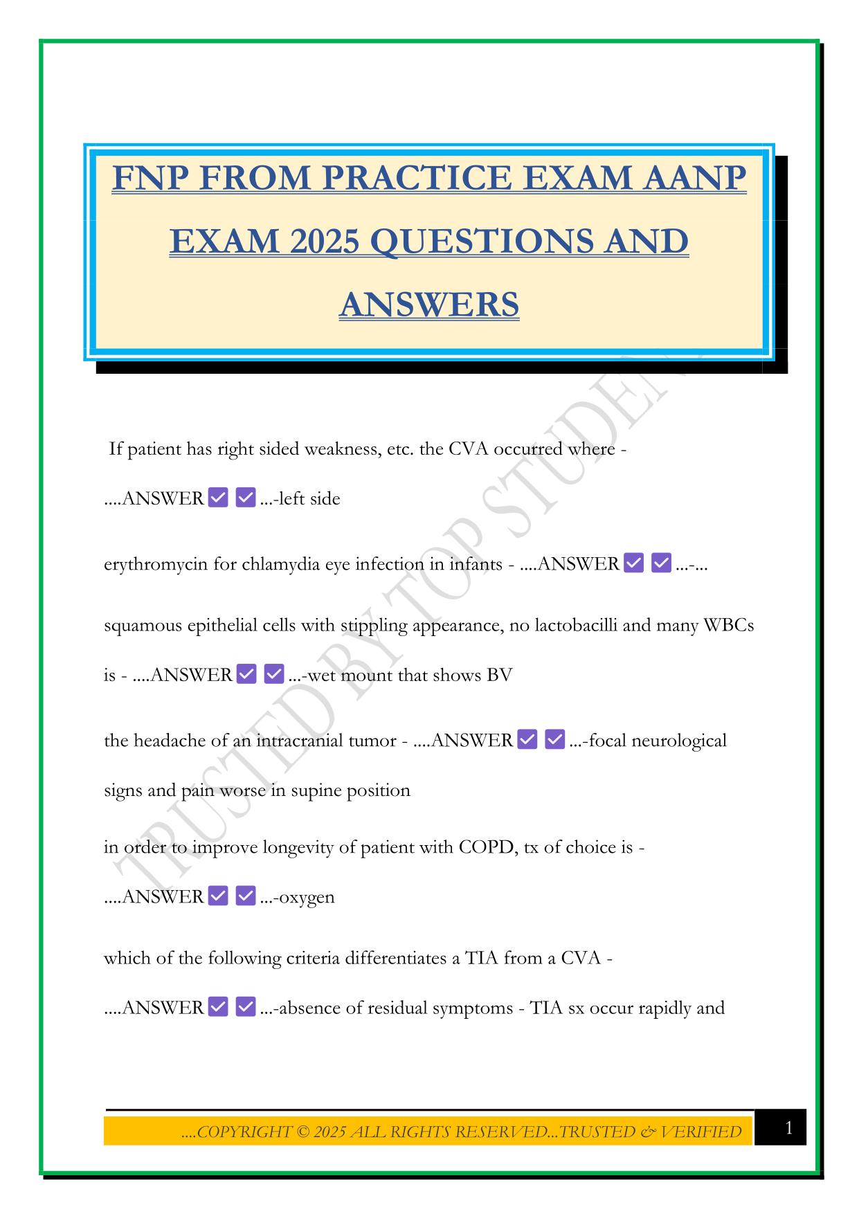 FNP FROM PRACTICE EXAM AANP EXAM 2025 QUESTIONS AND ANSWERS