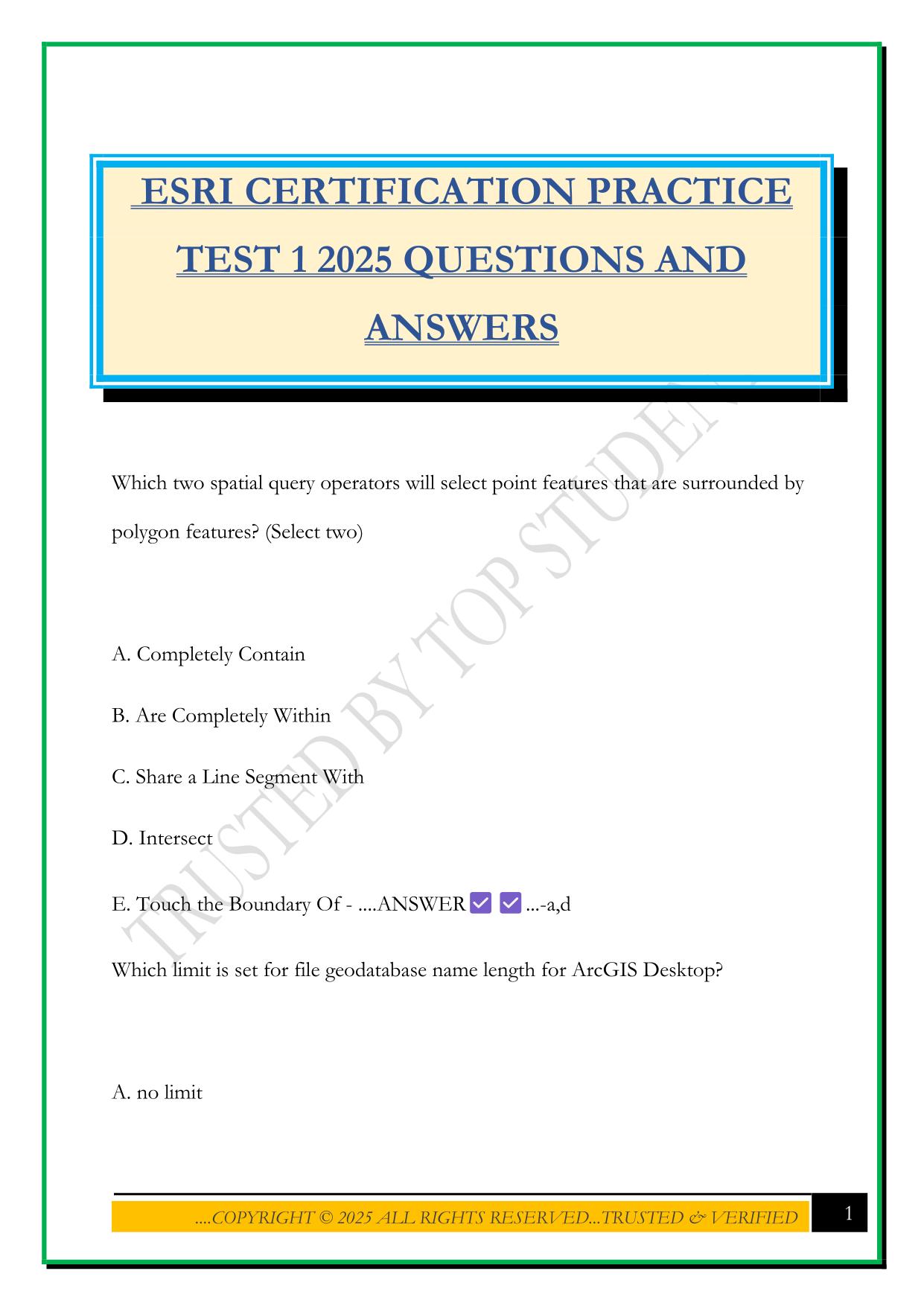 ESRI CERTIFICATION PRACTICE TEST 1 2025 QUESTIONS AND ANSWERS