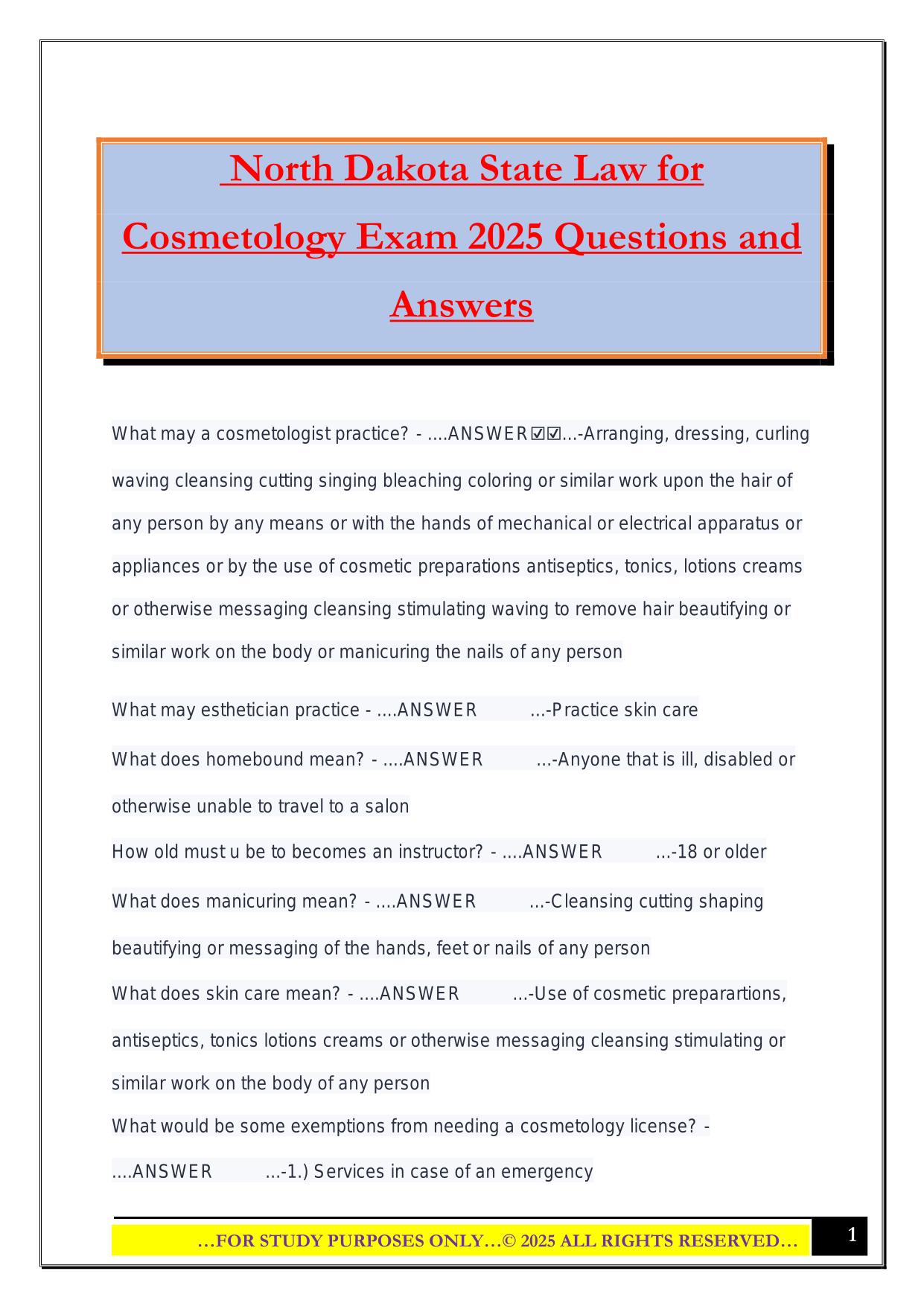 North Dakota State Law for Cosmetology Exam 2025 Questions and Answers
