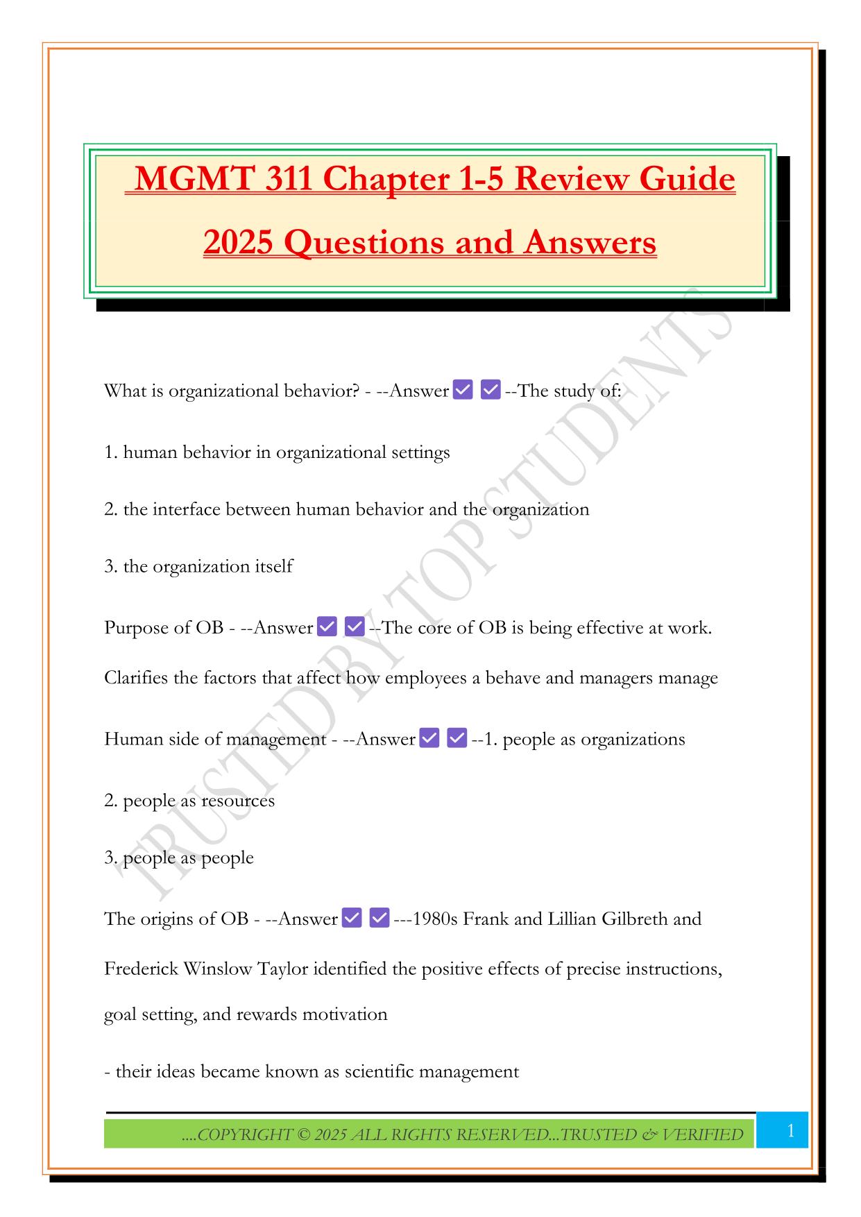 MGMT 311 Chapter 1-5 Review Guide 2025 Questions and Answers