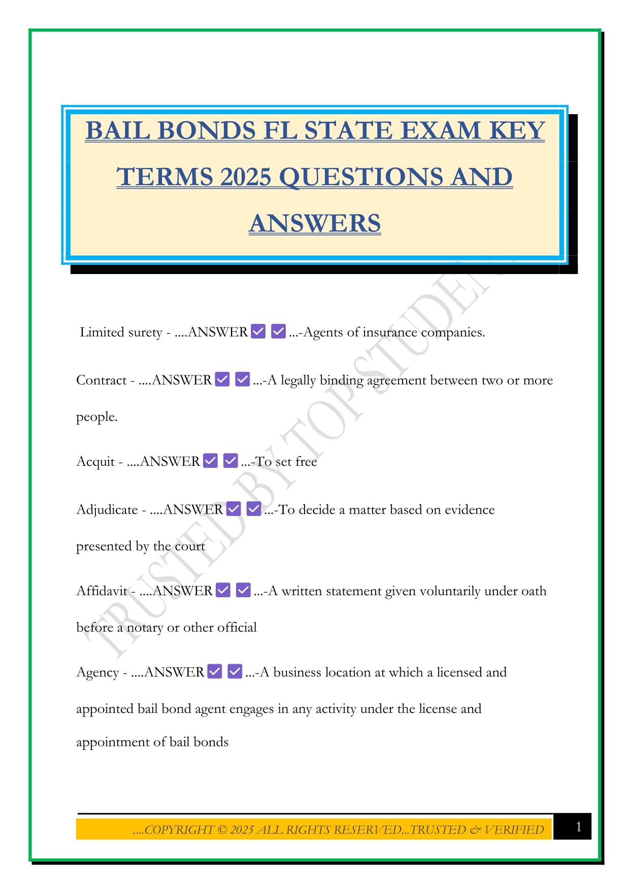 BAIL BONDS FL STATE EXAM KEY TERMS 2025 QUESTIONS AND ANSWERS