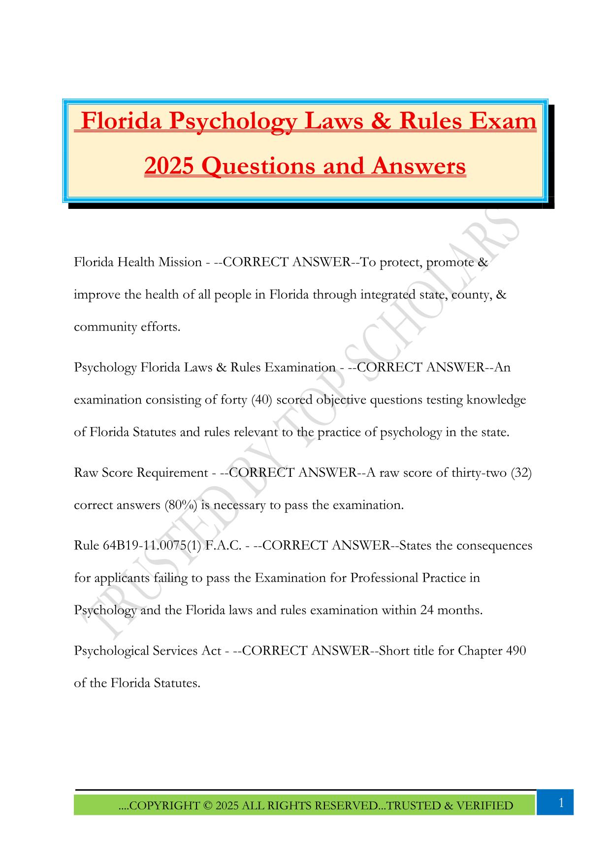 Florida Psychology Laws & Rules Exam 2025 Questions and Answers