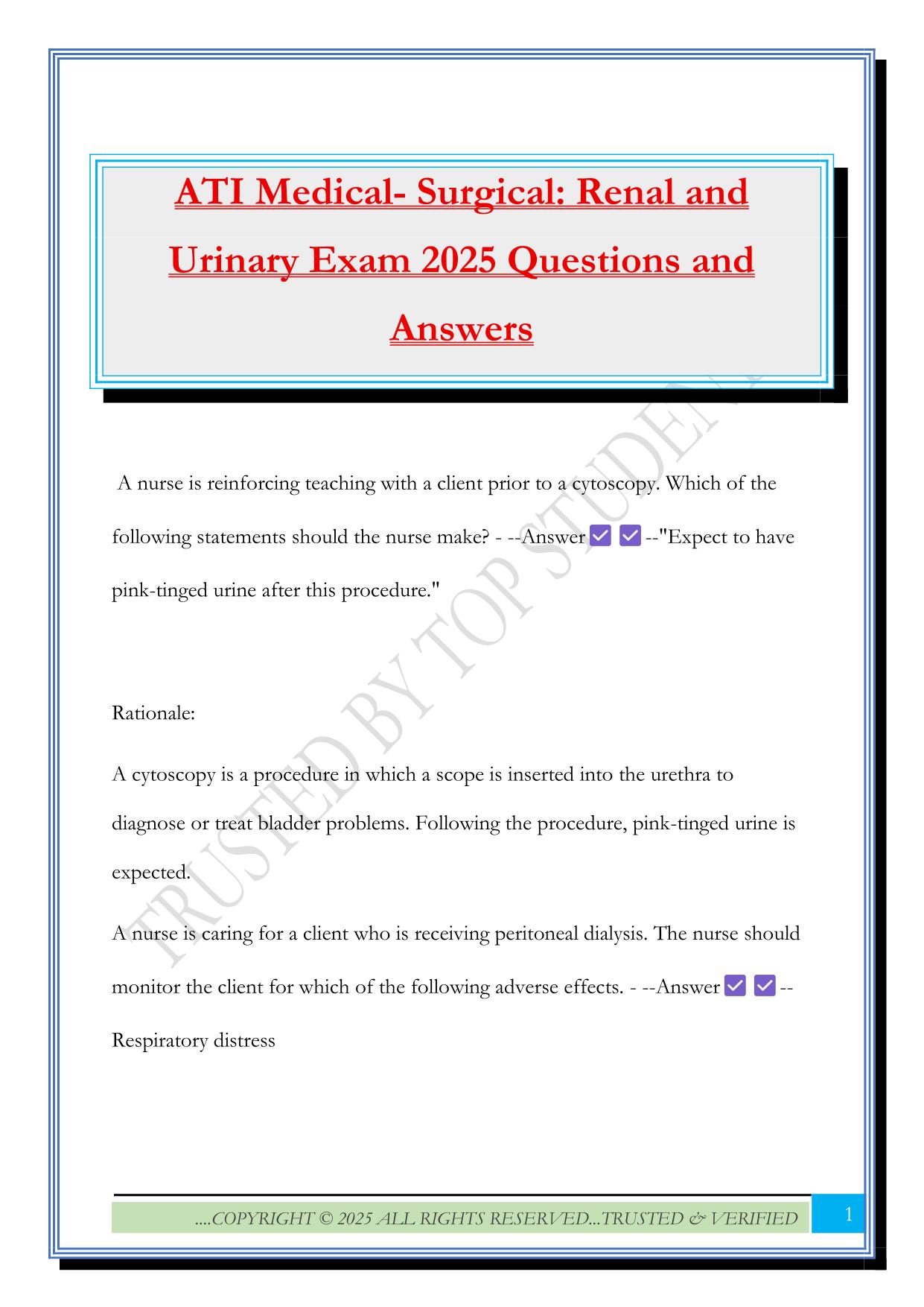 ATI Medical- Surgical: Renal and Urinary Exam 2025 Questions and Answers