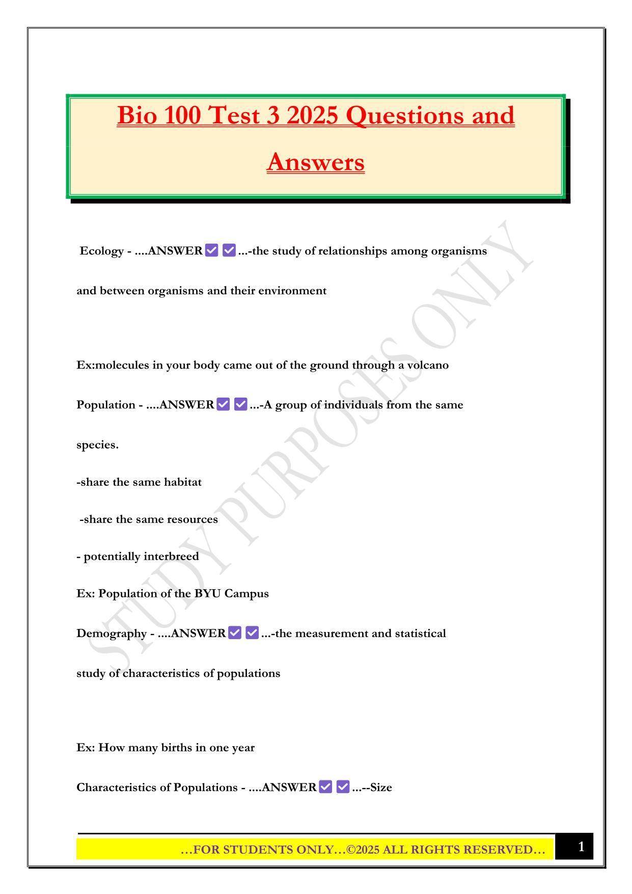 Bio 100 Test 3 2025 Questions and Answers