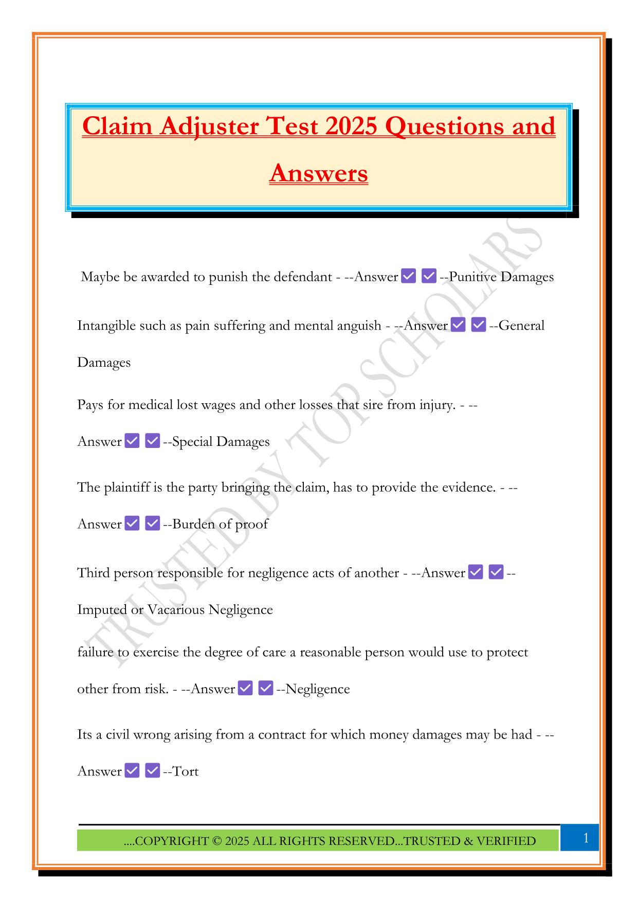 Claim Adjuster Test 2025 Questions and Answers