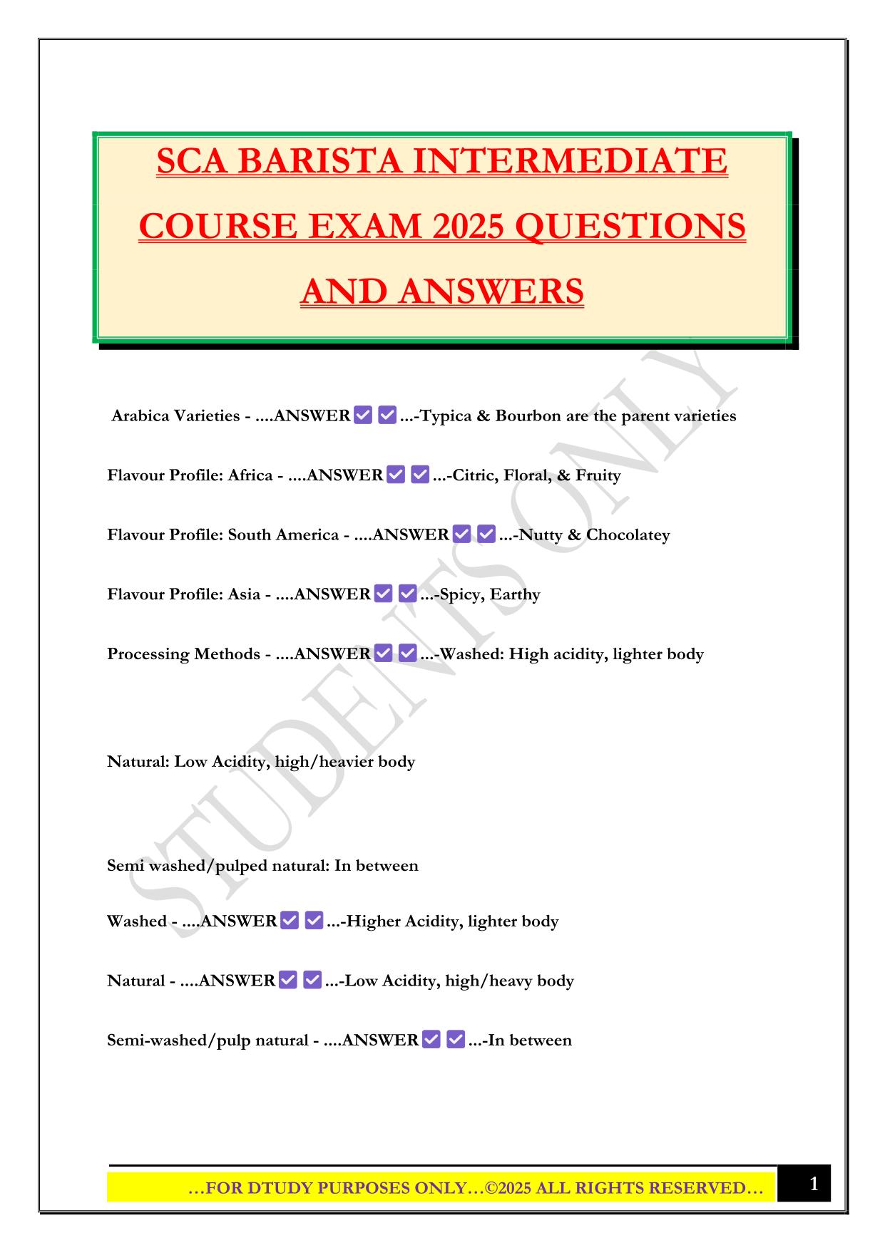 SCA BARISTA INTERMEDIATE COURSE EXAM 2025 QUESTIONS AND ANSWERS