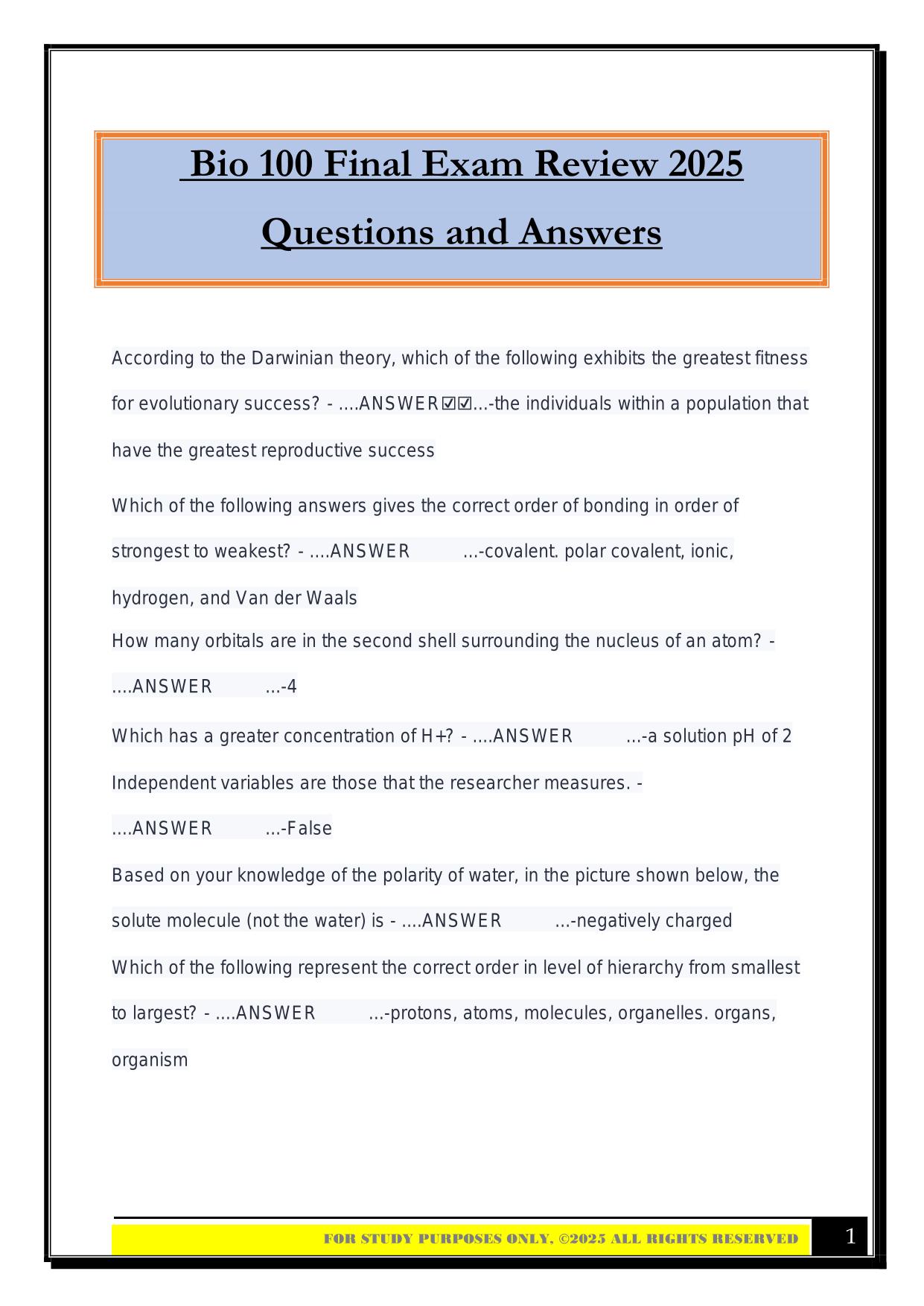Bio 100 Final Exam Review 2025 Questions and Answers