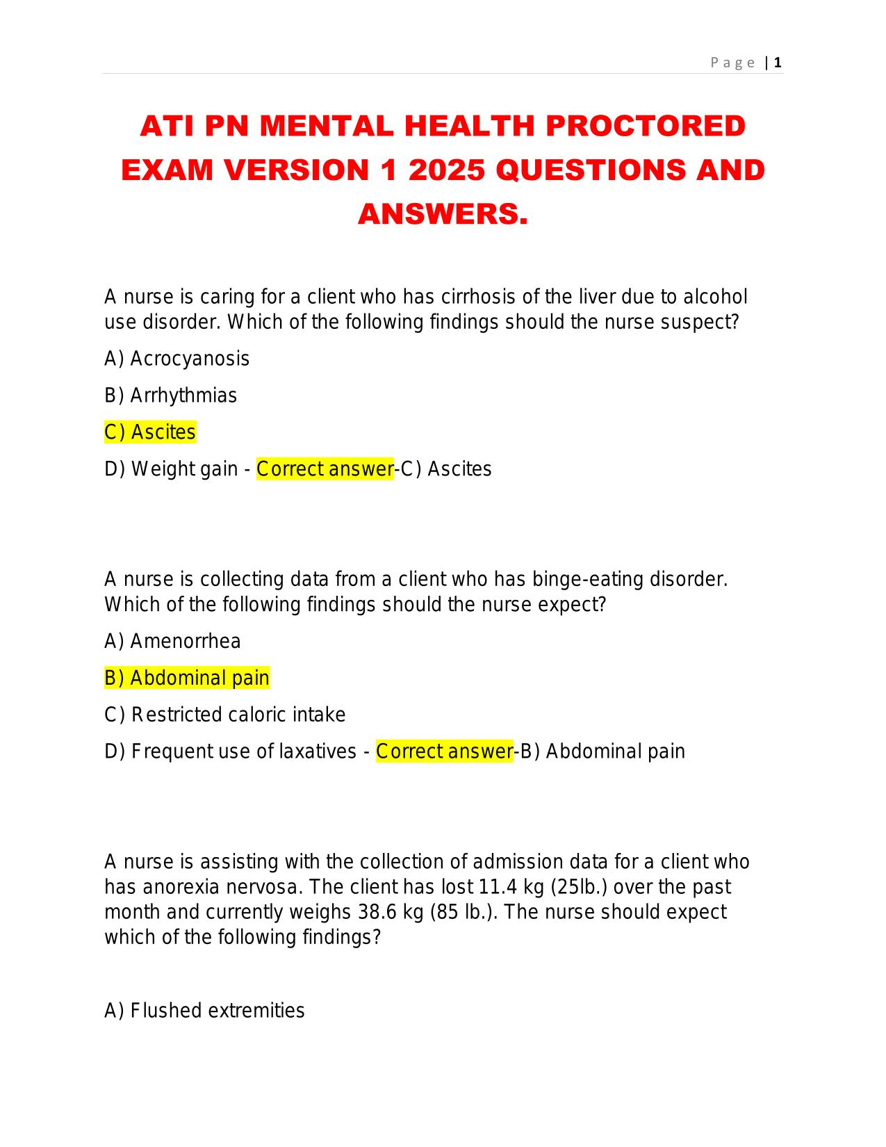 ATI PN MENTAL HEALTH PROCTORED EXAM VERSION 1 2025 QUESTIONS AND ANSWERS.