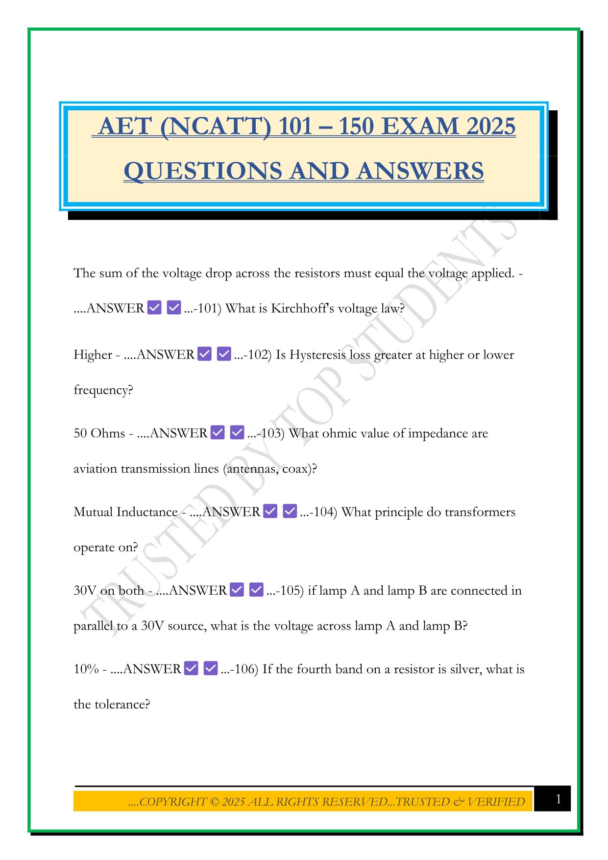 AET (NCATT) 101 – 150 EXAM 2025 QUESTIONS AND ANSWERS