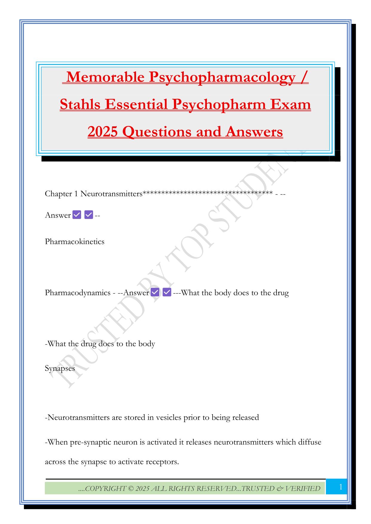 Memorable Psychopharmacology / Stahls Essential Psychopharm Exam 2025 Questions and Answers