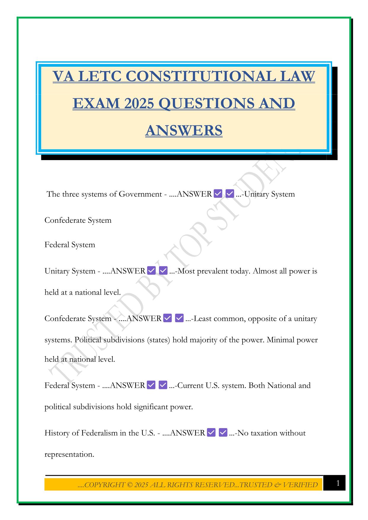 VA LETC CONSTITUTIONAL LAW EXAM 2025 QUESTIONS AND ANSWERS
