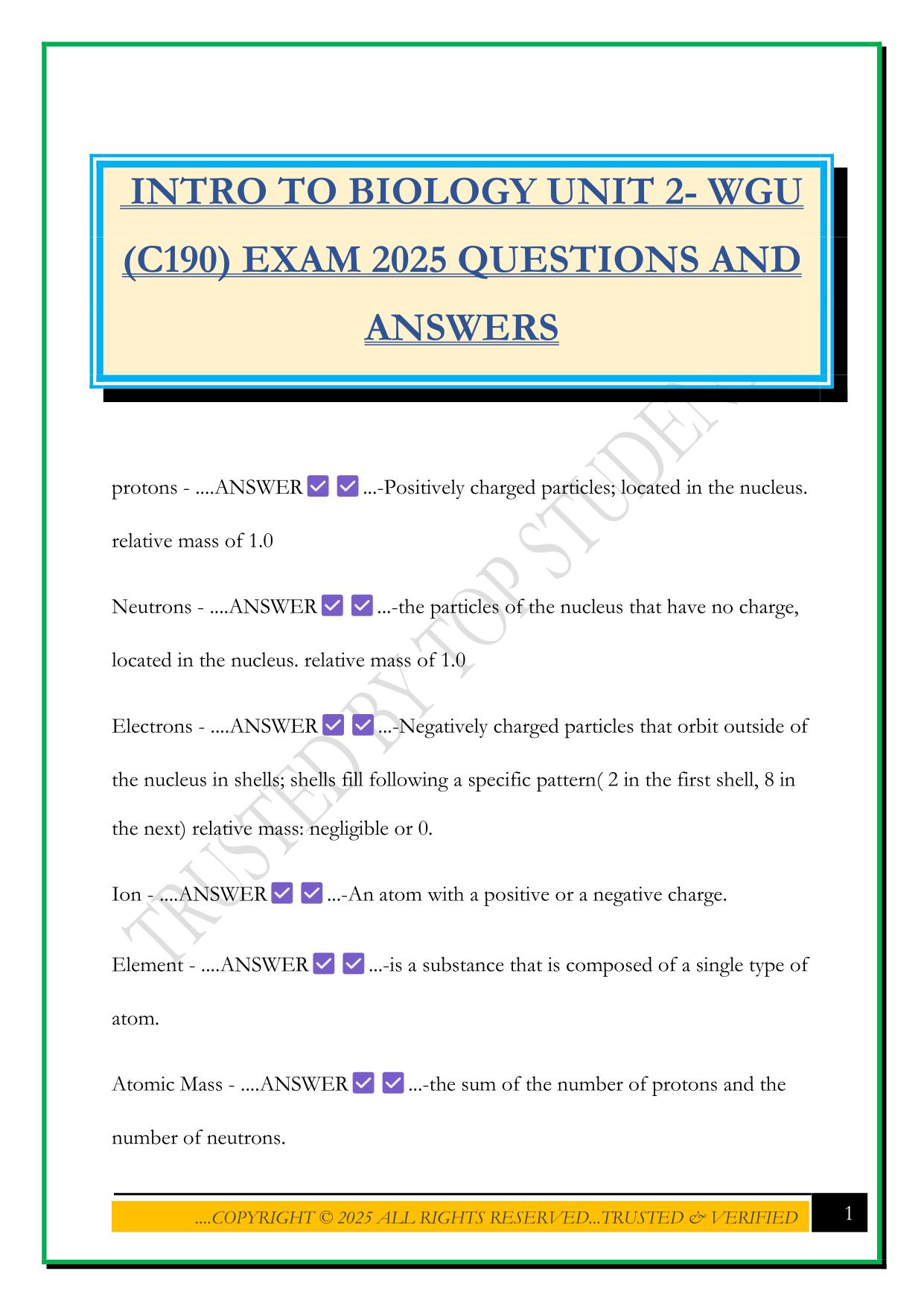 INTRO TO BIOLOGY UNIT 2- WGU (C190) EXAM 2025 QUESTIONS AND ANSWERS