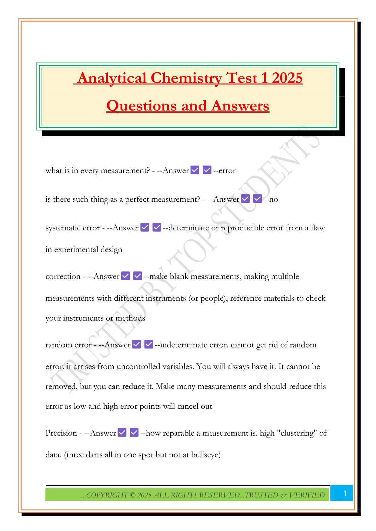 Analytical Chemistry Test 1 2025 Questions and Answers