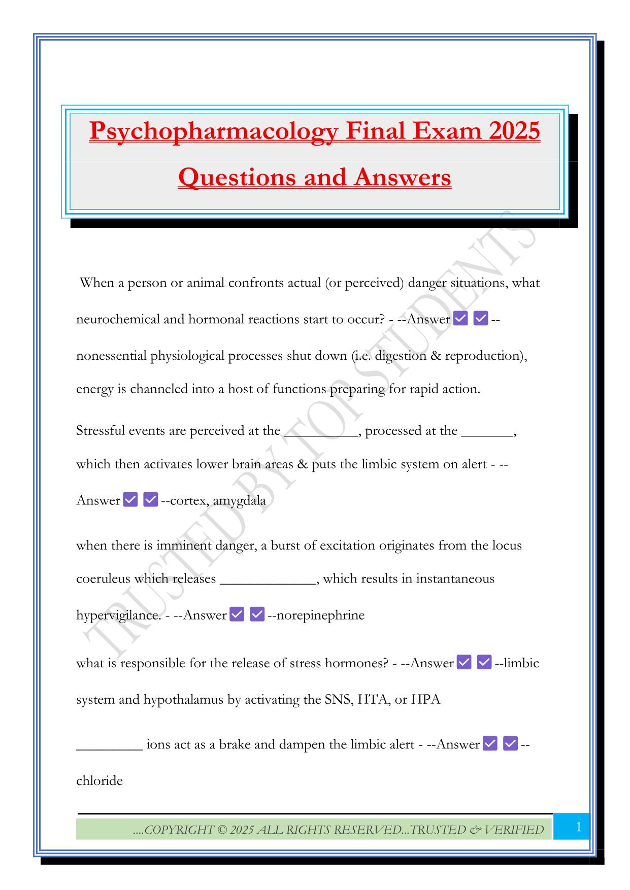 Psychopharmacology Final Exam 2025 Questions and Answers