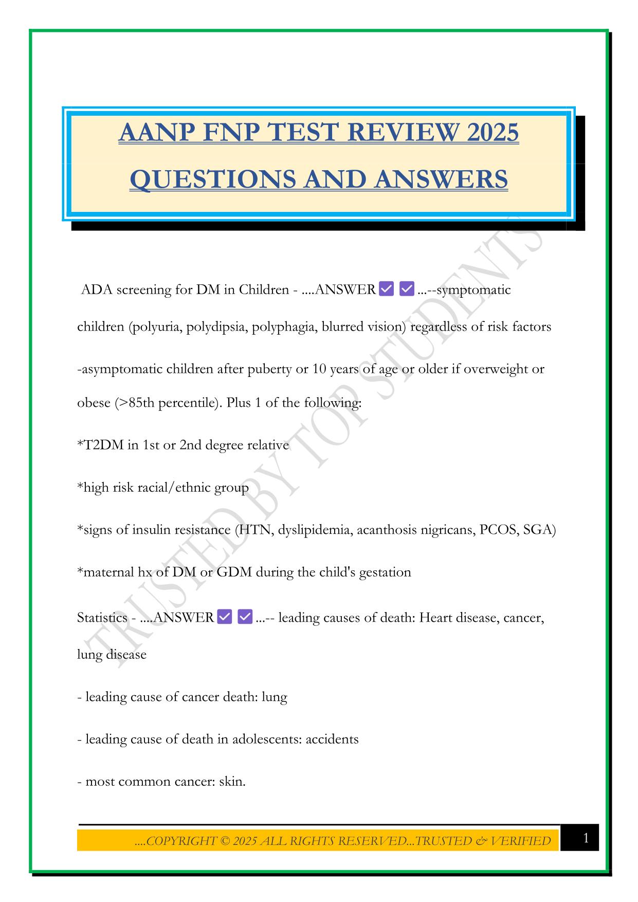 AANP FNP TEST REVIEW 2025 QUESTIONS AND ANSWERS