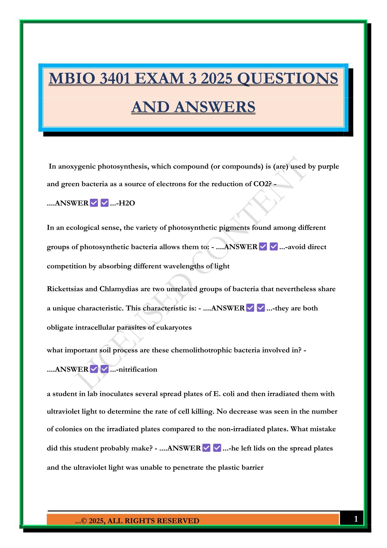 MBIO 3401 EXAM 3 2025 QUESTIONS AND ANSWERS