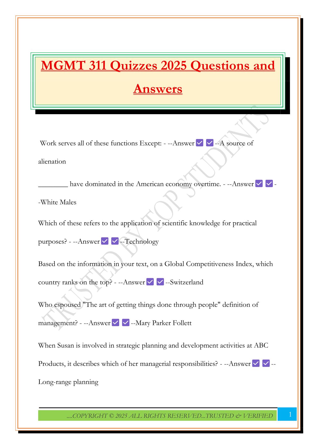 MGMT 311 Quizzes 2025 Questions and Answers