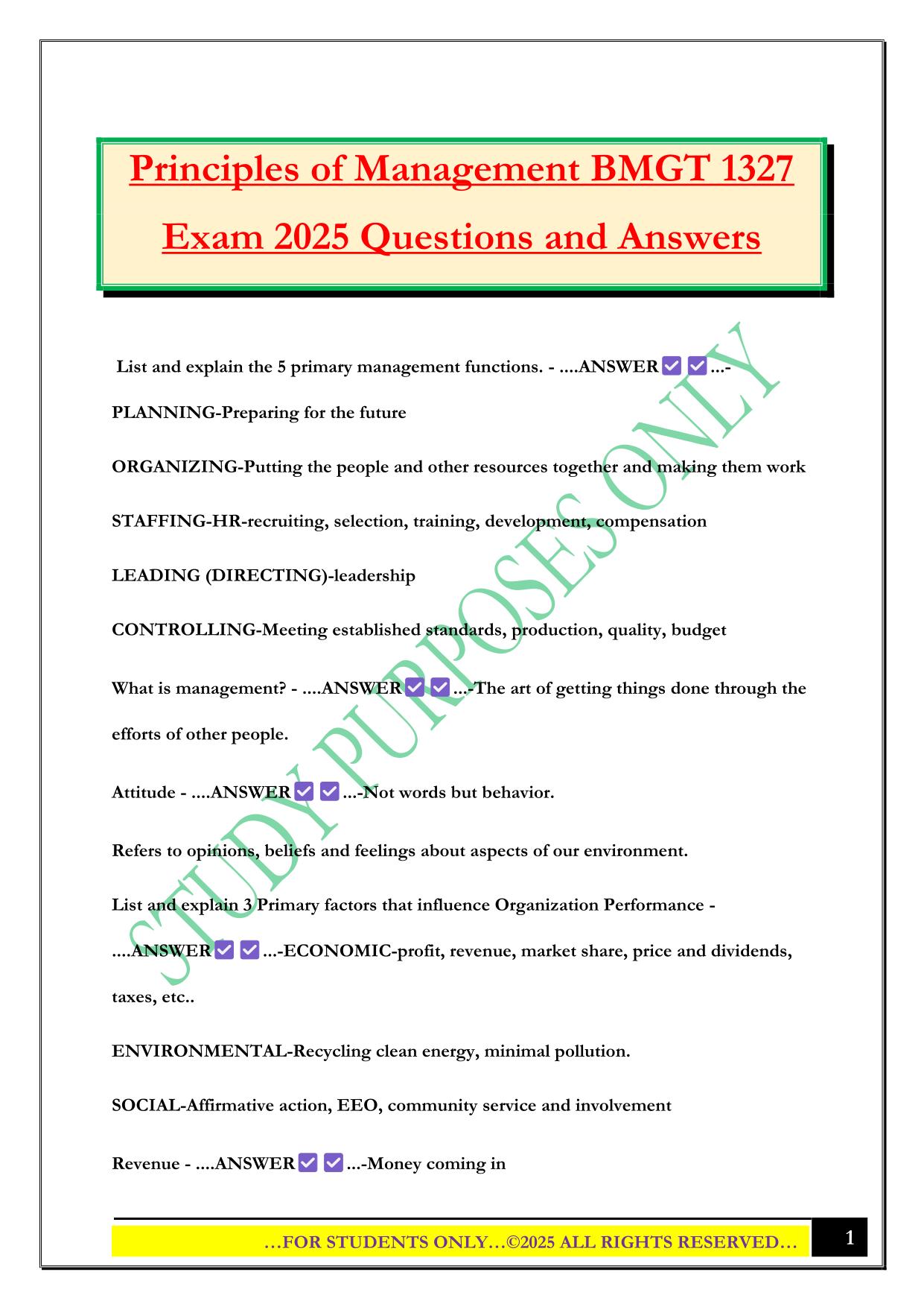 Principles of Management BMGT 1327 Exam 2025 Questions and Answers