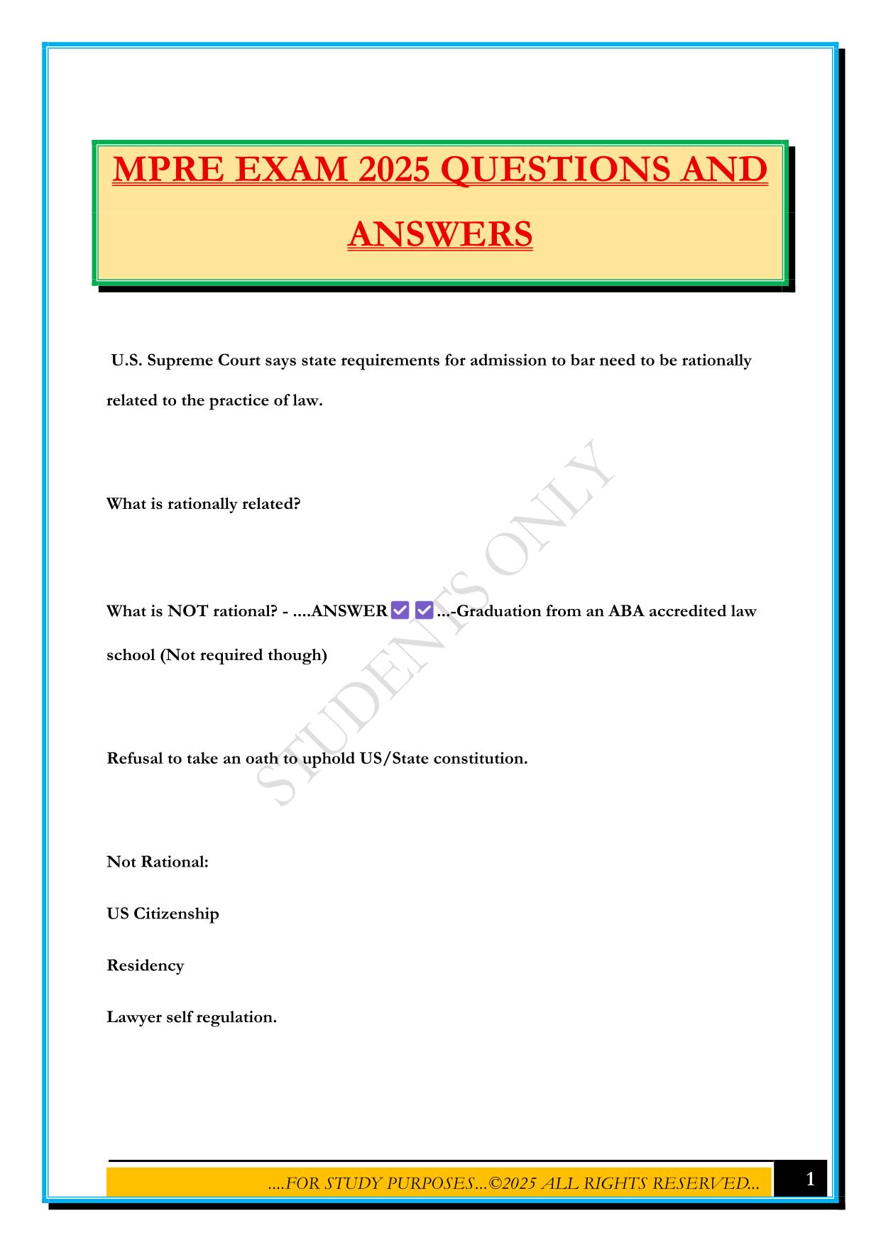 MPRE EXAM 2025 QUESTIONS AND ANSWERS