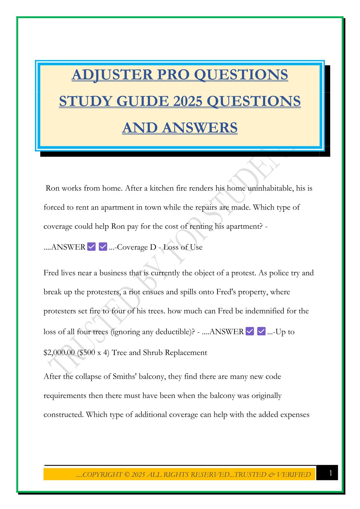 ADJUSTER PRO QUESTIONS STUDY GUIDE 2025 QUESTIONS AND ANSWERS