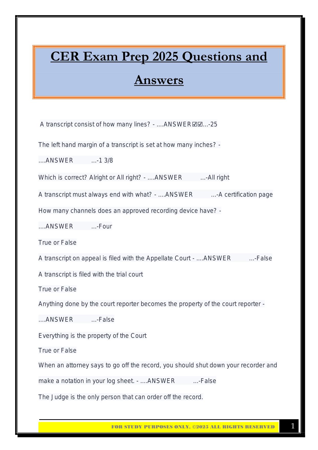 CER Exam Prep 2025 Questions and Answers