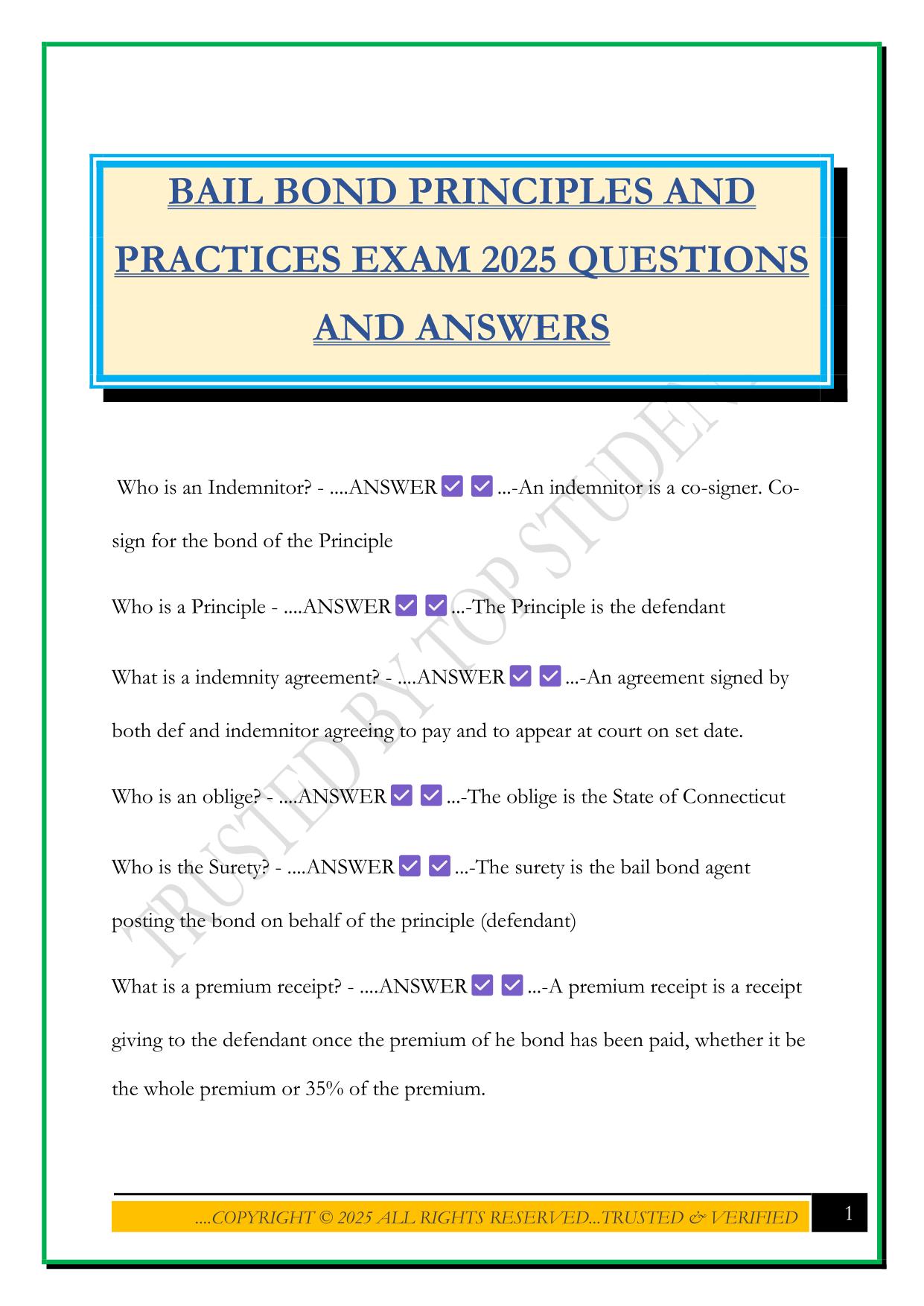 BAIL BOND PRINCIPLES AND PRACTICES EXAM 2025 QUESTIONS AND ANSWERS
