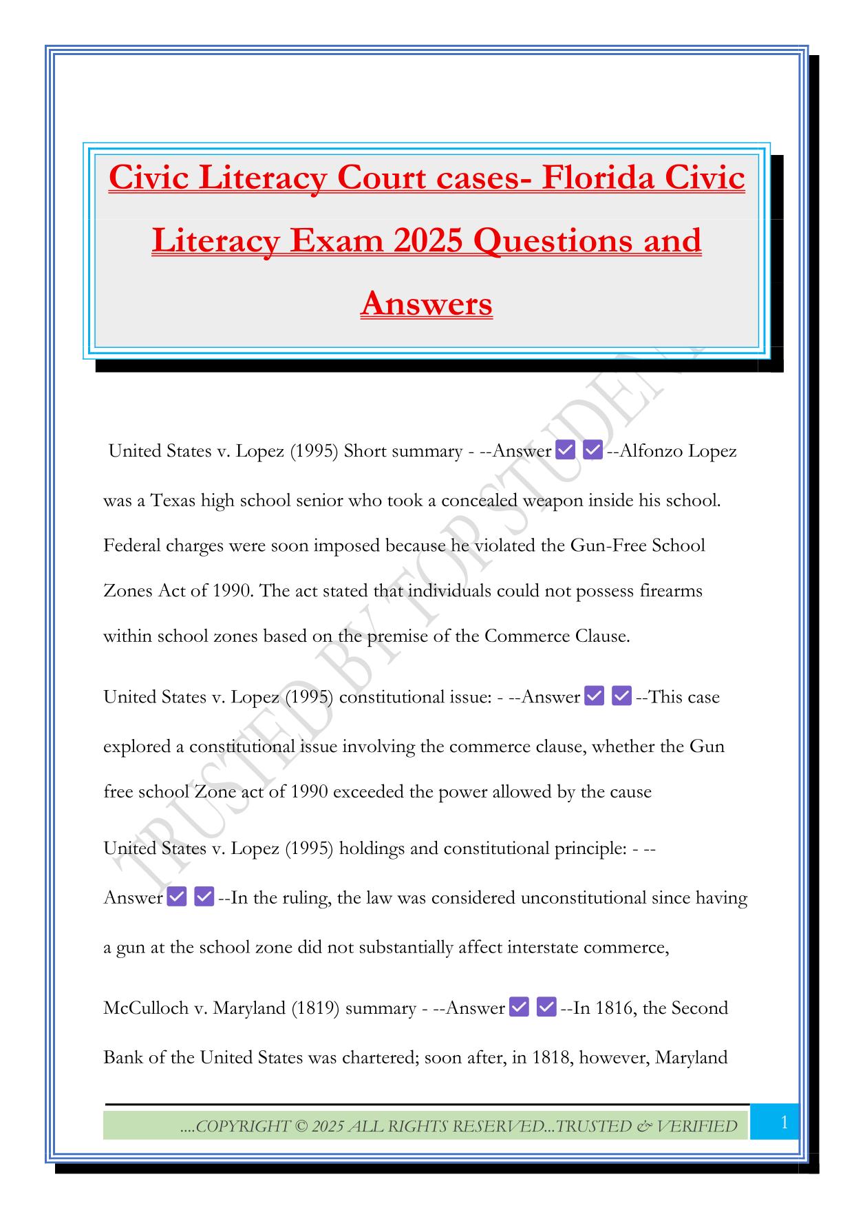Civic Literacy Court cases- Florida Civic Literacy Exam 2025 Questions and Answers