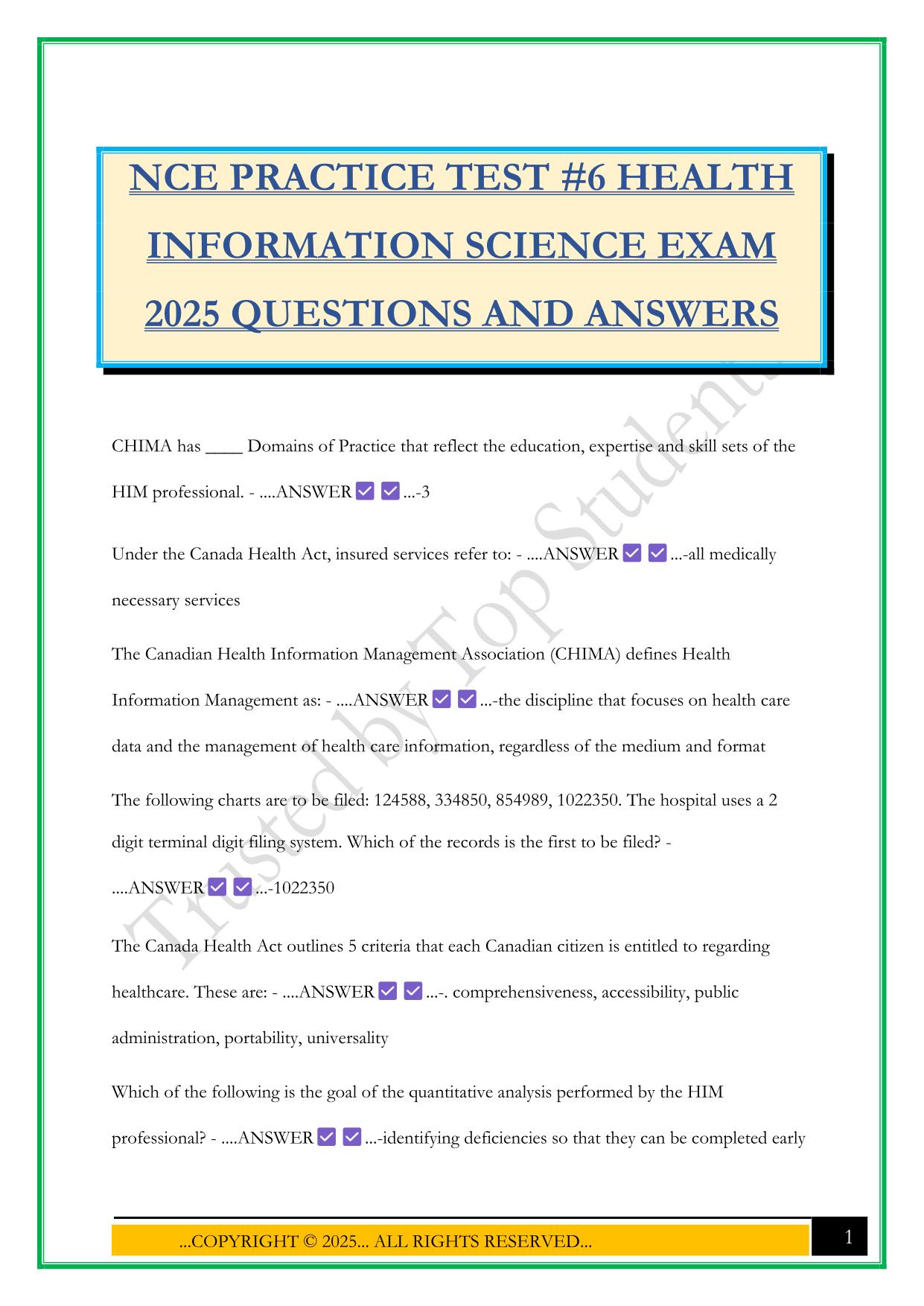 NCE PRACTICE TEST #6 HEALTH INFORMATION SCIENCE EXAM 2025 QUESTIONS AND ANSWERS