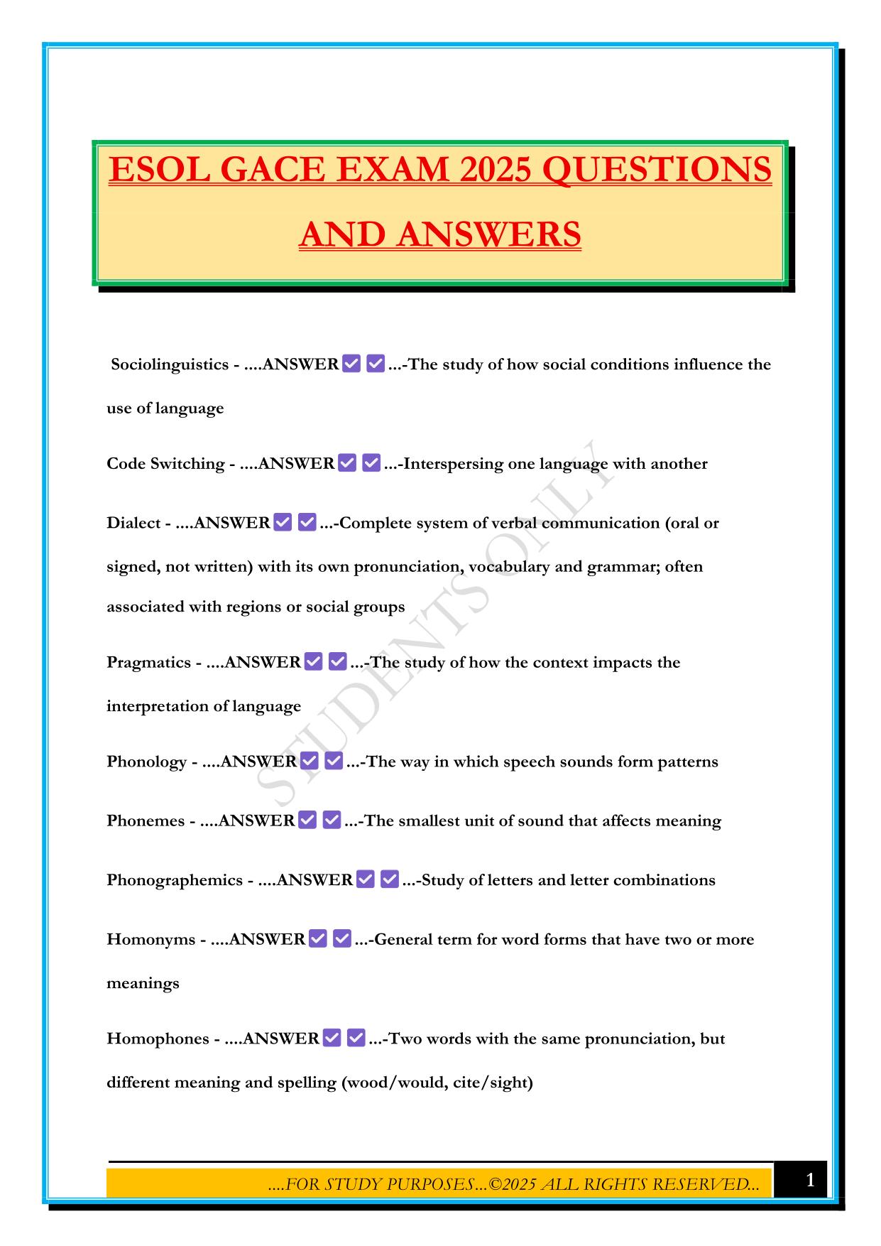 ESOL GACE EXAM 2025 QUESTIONS AND ANSWERS